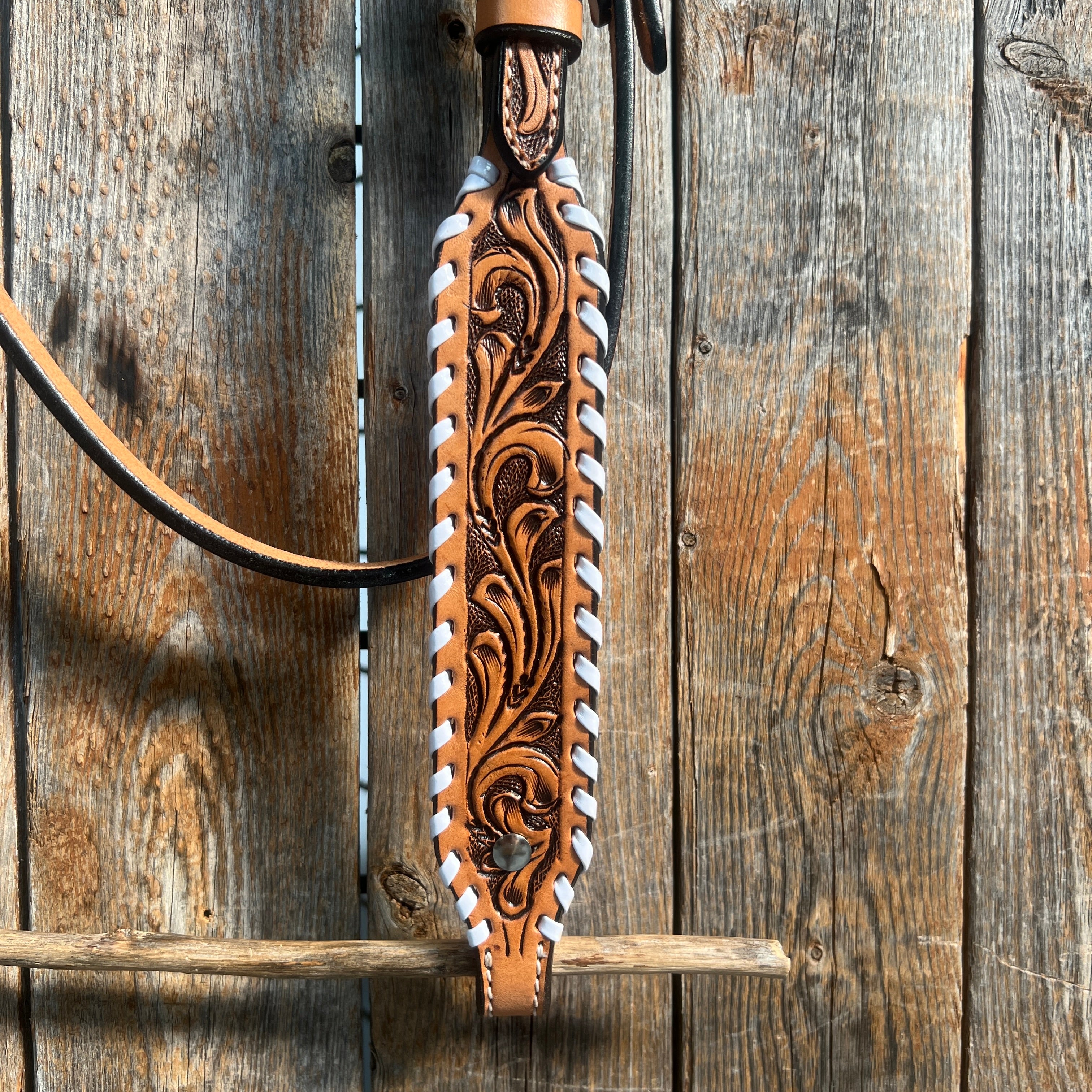 Light Oil Floral Tooled with White Whipstitch Browband Headstall / Bridle