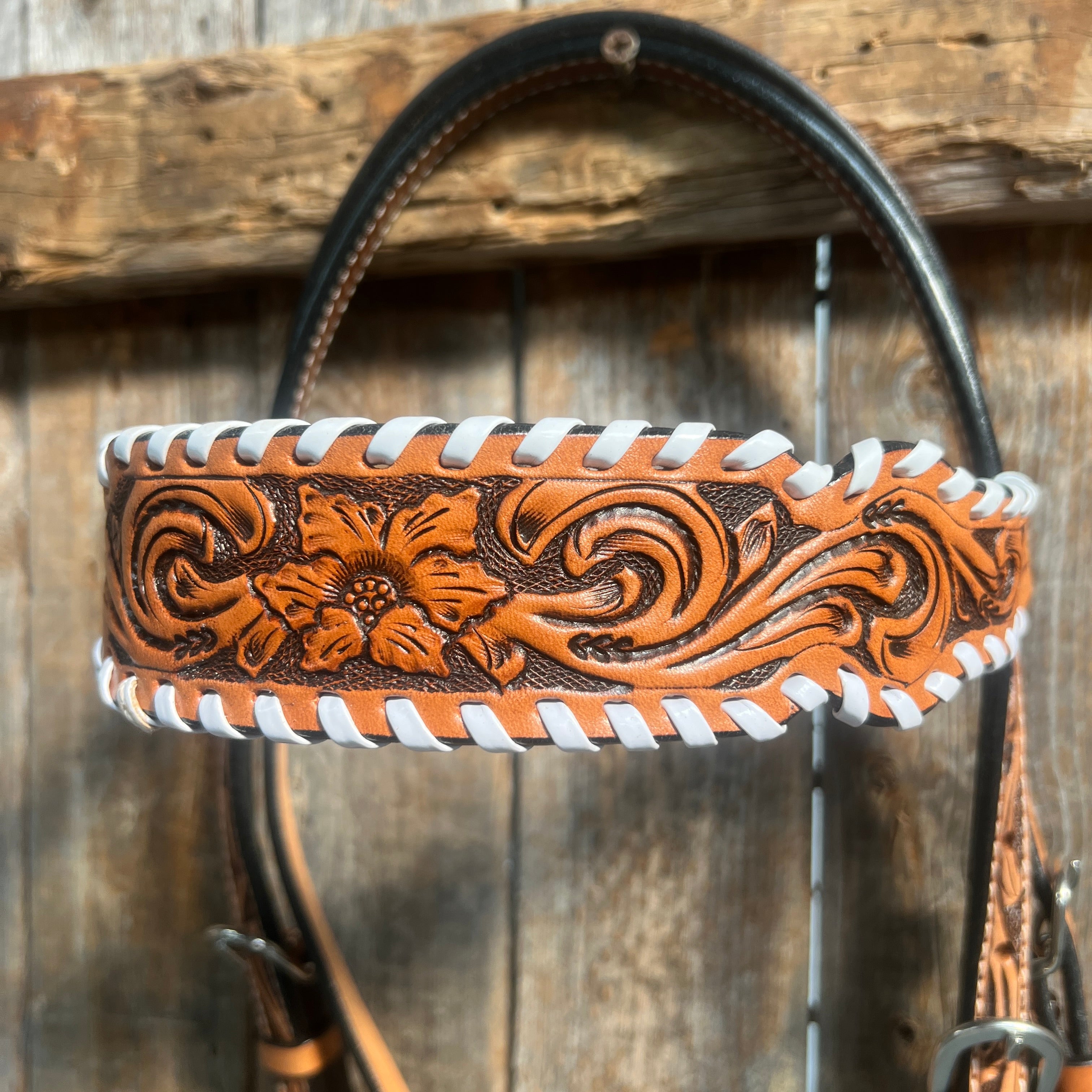 Light Oil Floral Tooled with White Whipstitch Browband Headstall / Bridle