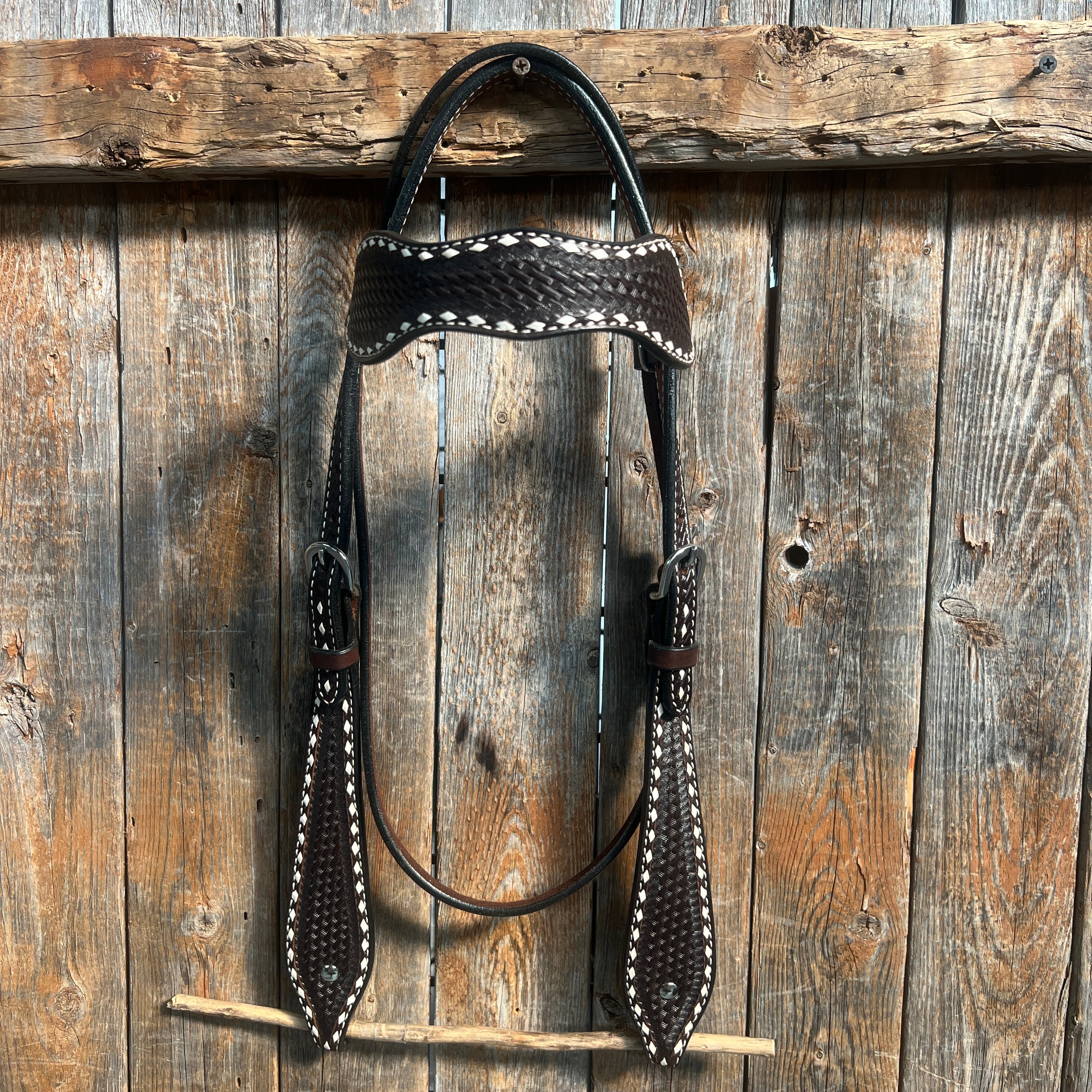 Dark Oil Basketweave Buckstitch Tooled Browband Headstall / Bridle