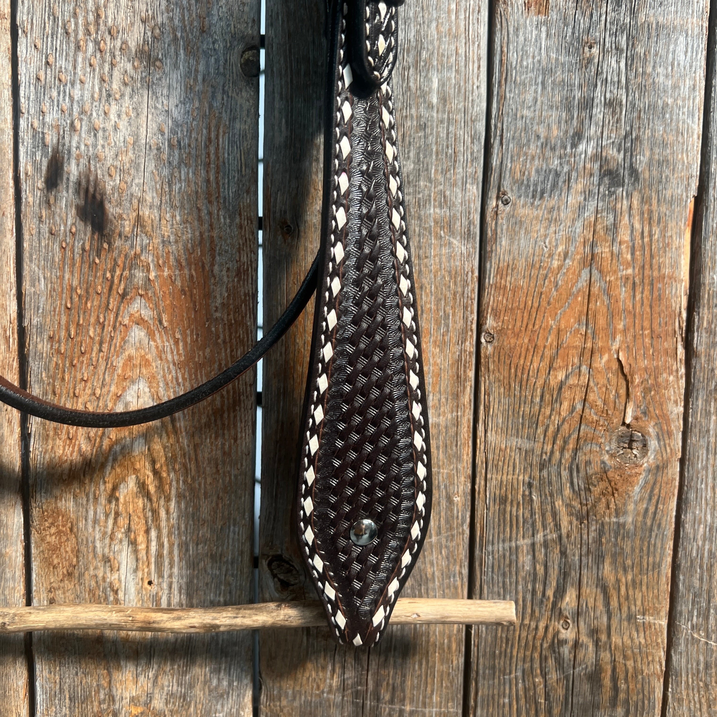 Dark Oil Basketweave Buckstitch Tooled Browband Headstall / Bridle