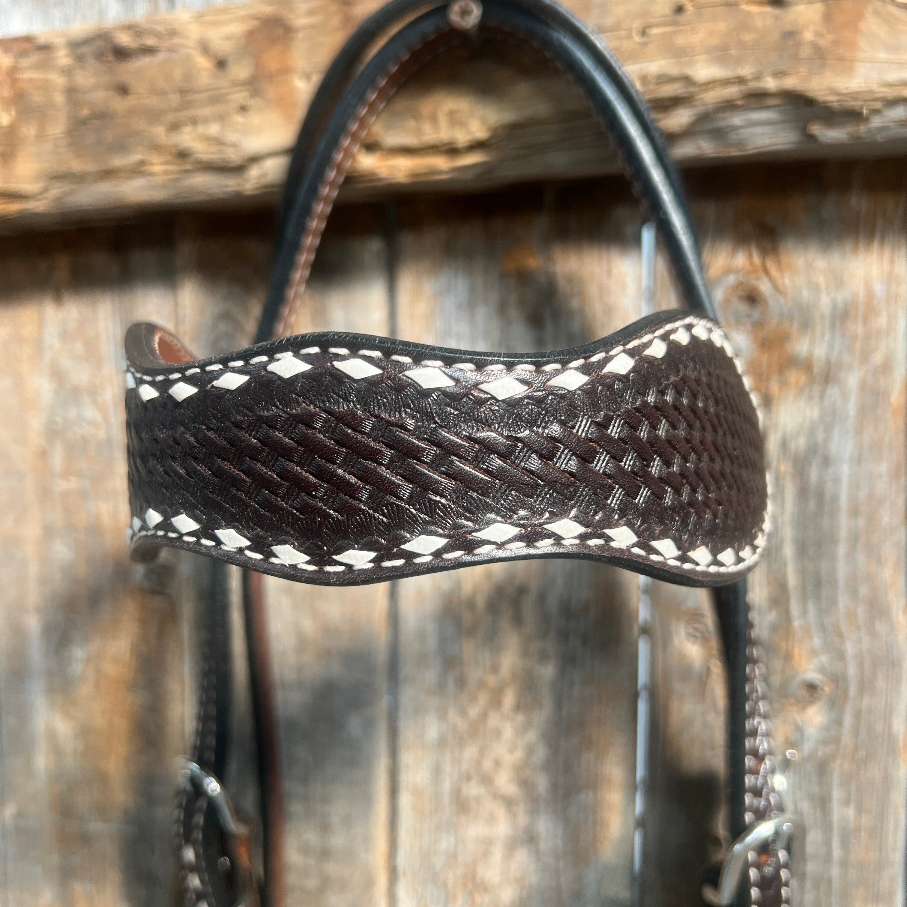 Dark Oil Basketweave Buckstitch Tooled Browband Headstall / Bridle