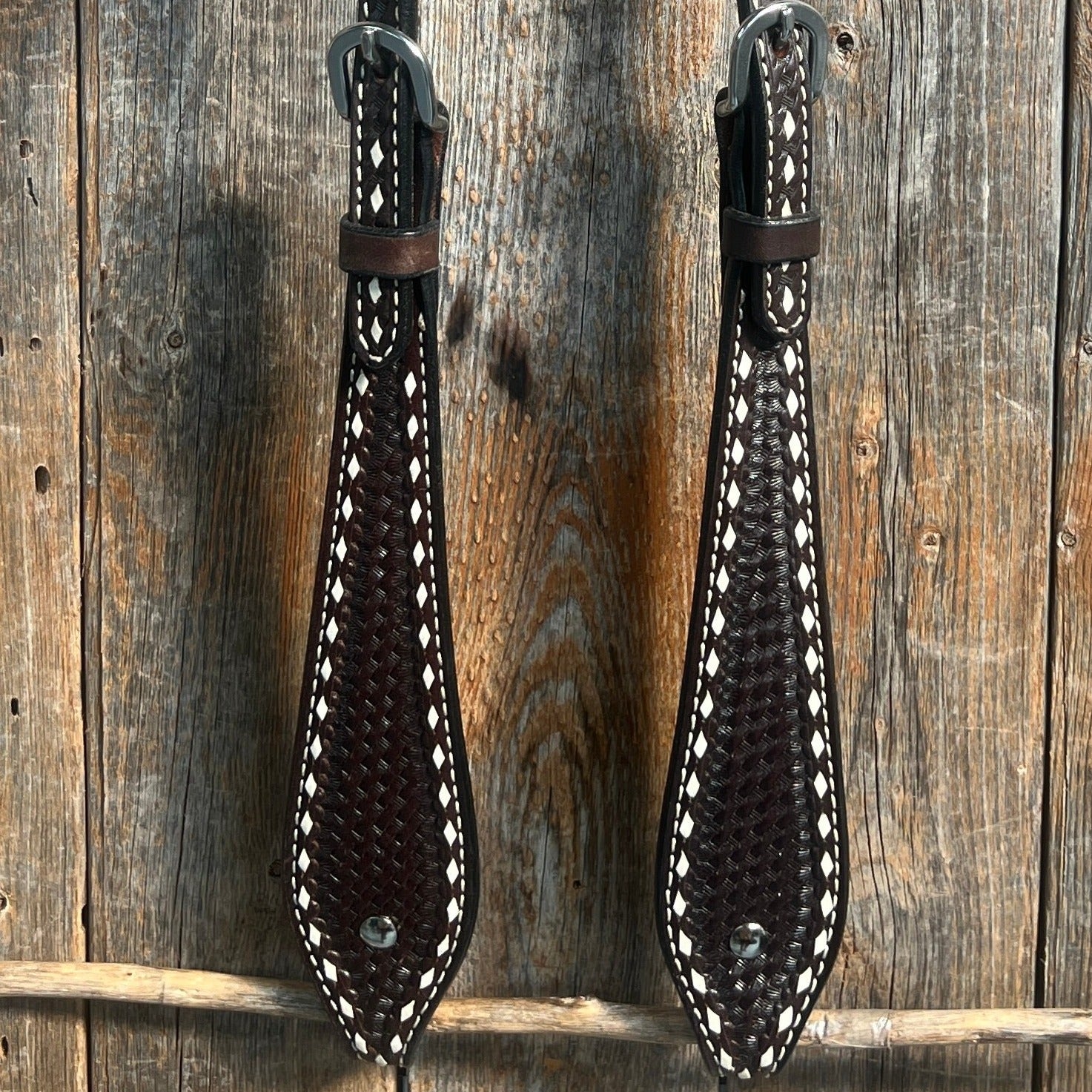 Dark Oil Basketweave Buckstitch Tooled One Ear Headstall / Bridle