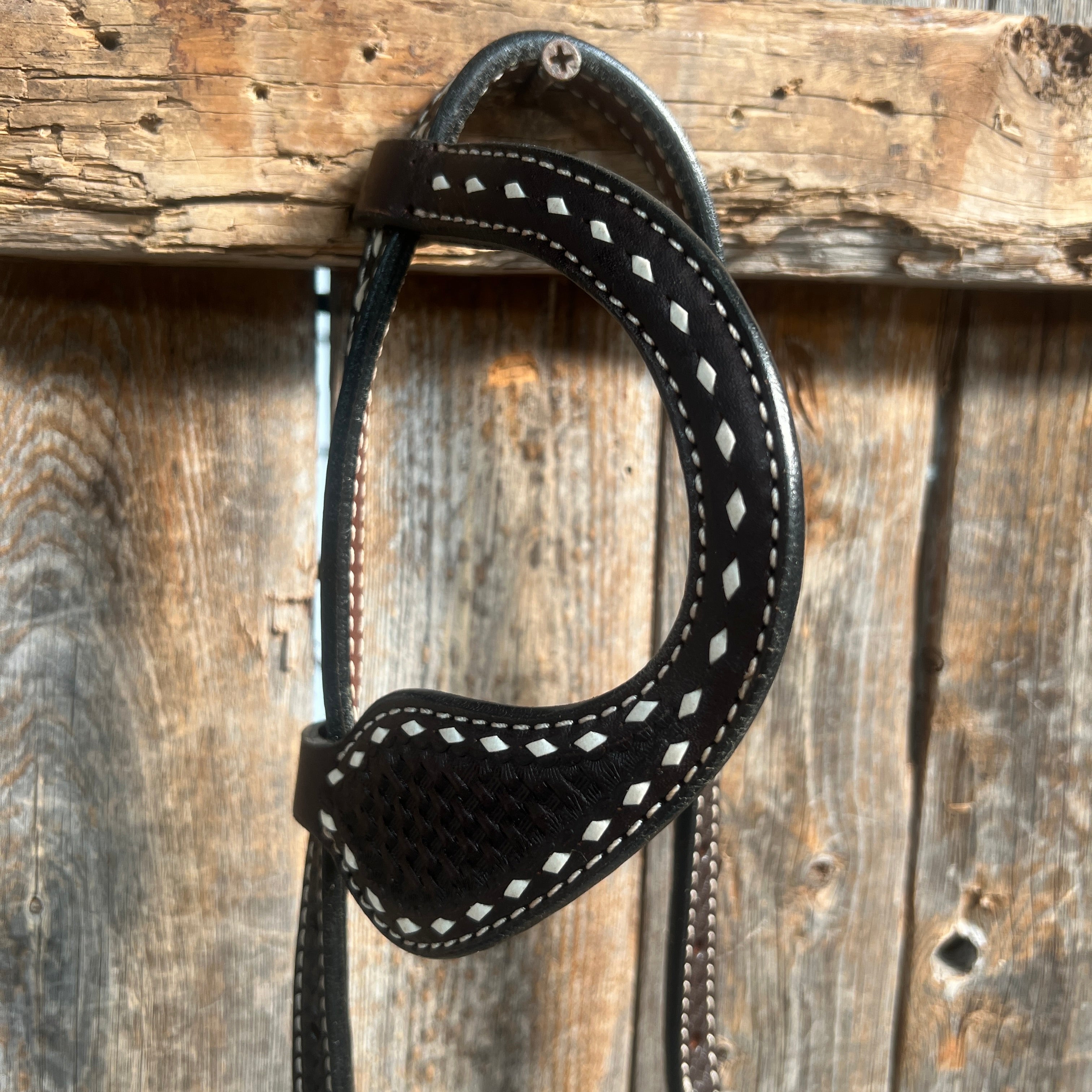 Dark Oil Basketweave Buckstitch Tooled One Ear Headstall / Bridle