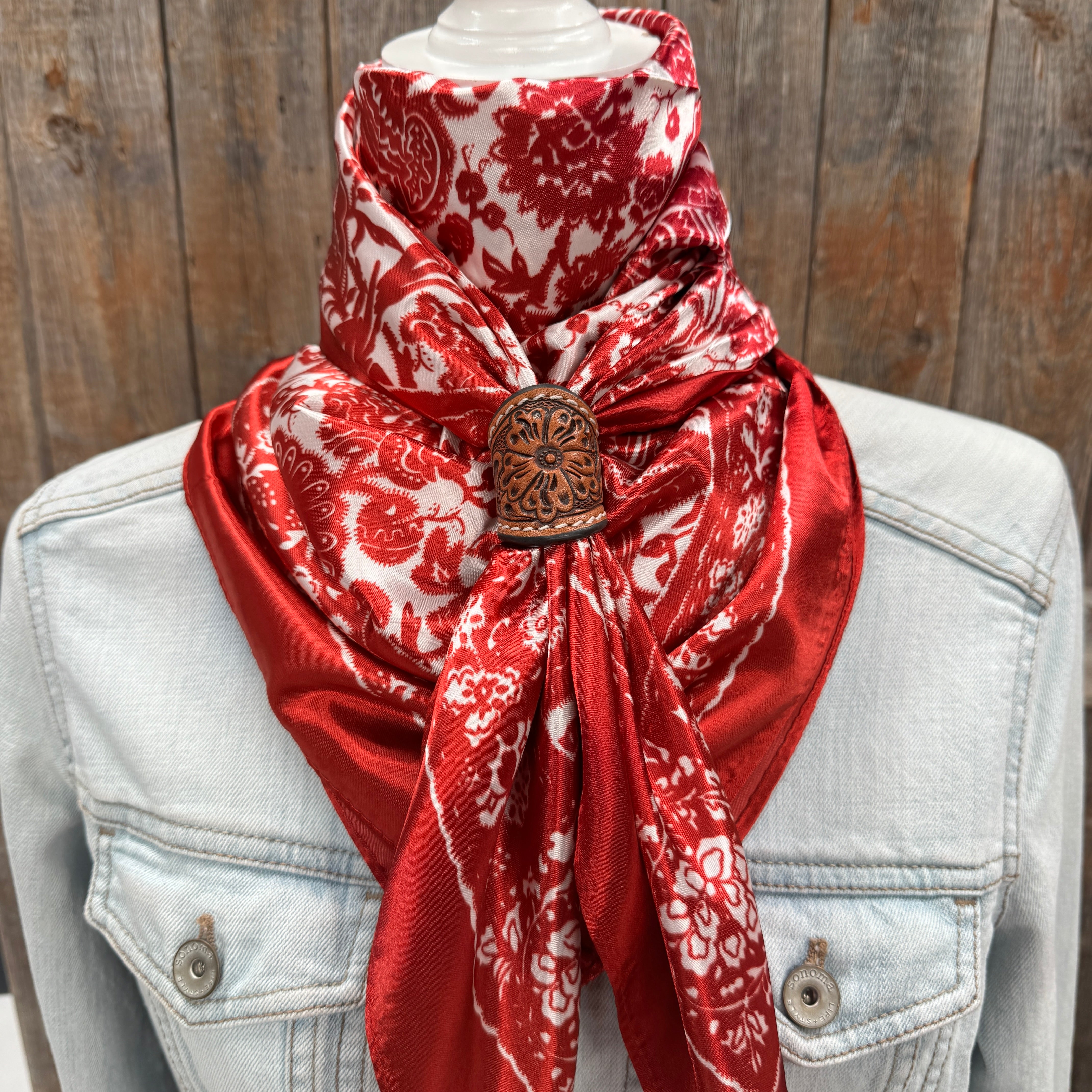 35X35" Red & Cream Paisley Wild Rag / Scarf WR143 - Tooled Leather Wild Rag Slides - Assorted