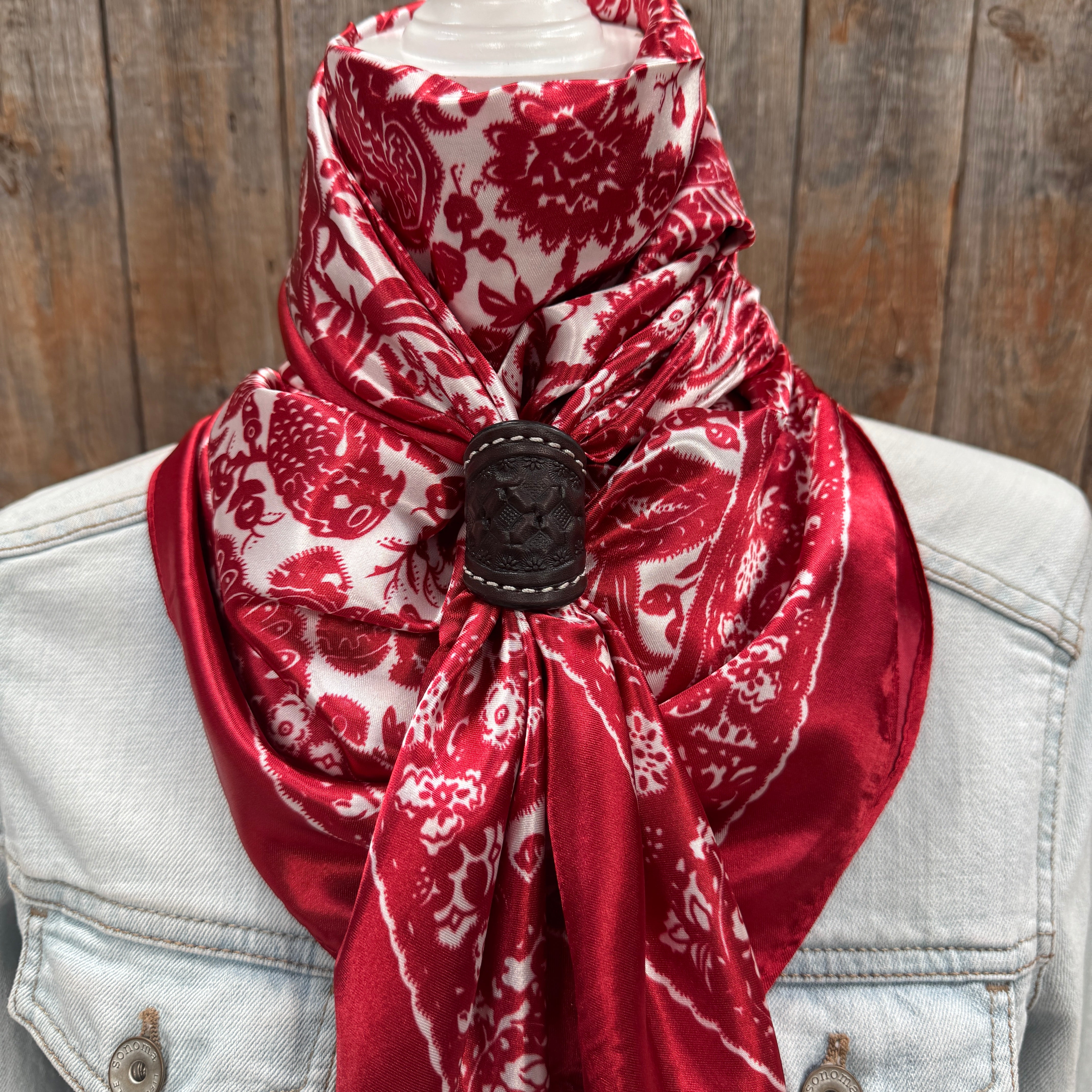 35X35" Red & Cream Paisley Wild Rag / Scarf WR143 - Tooled Leather Wild Rag Slides - Assorted