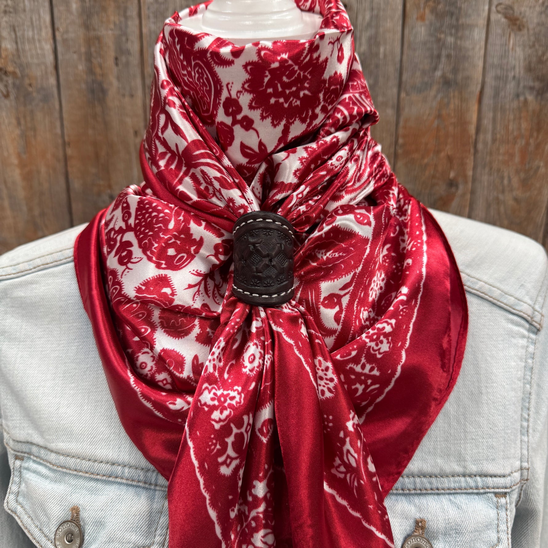 35X35" Red & Cream Paisley Wild Rag / Scarf WR143 - Tooled Leather Wild Rag Slides - Assorted