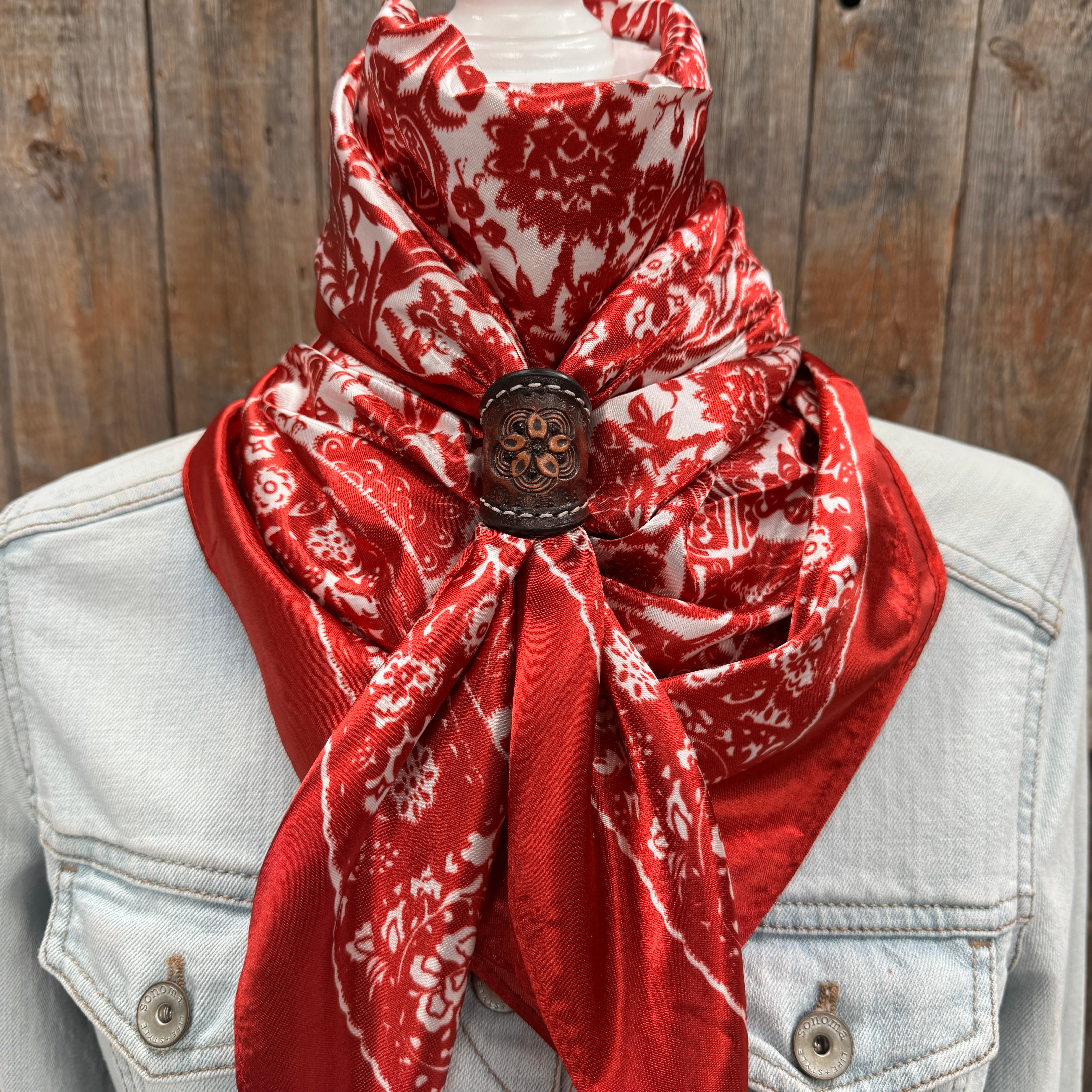 35X35" Red & Cream Paisley Wild Rag / Scarf WR143 - Tooled Leather Wild Rag Slides - Assorted
