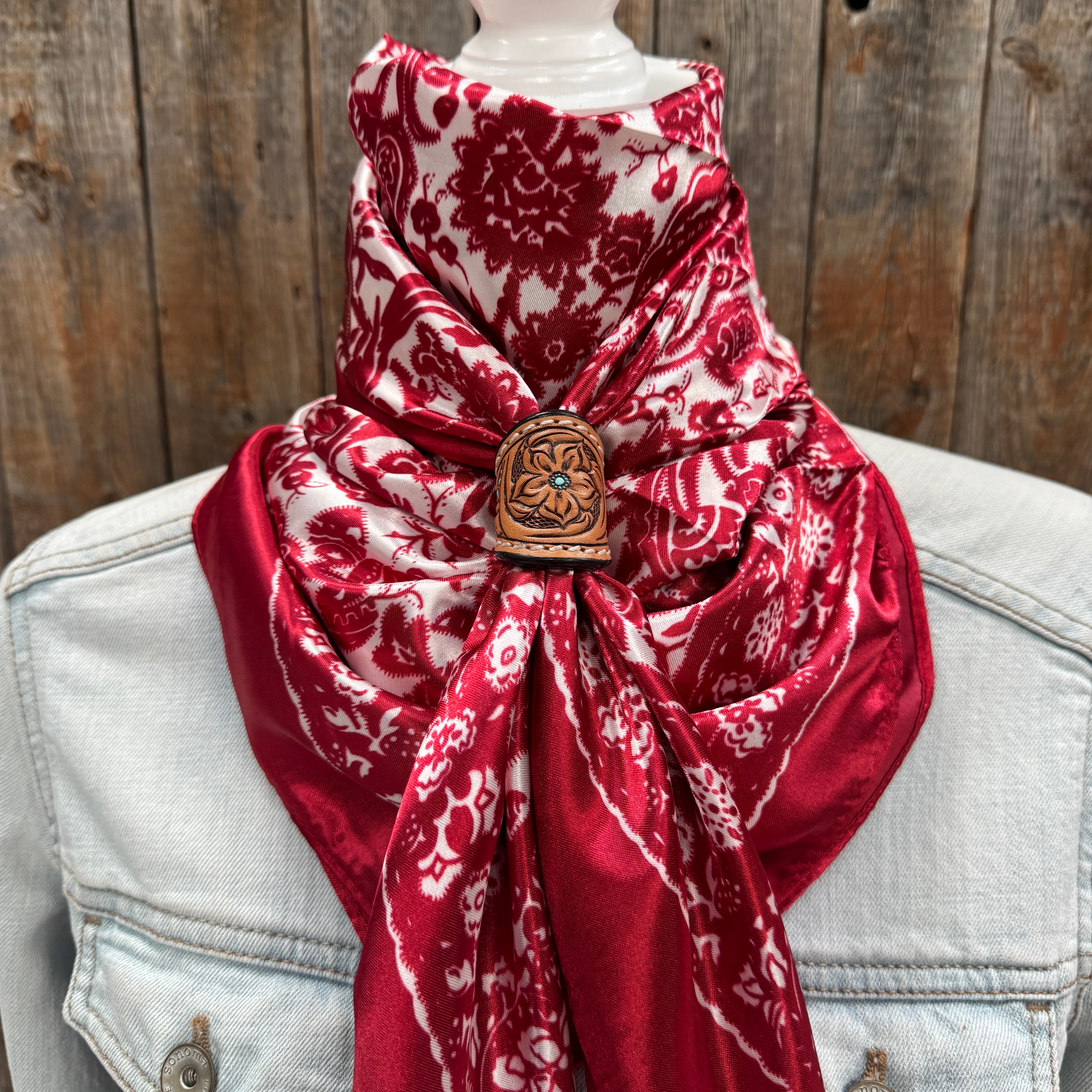 35X35" Red & Cream Paisley Wild Rag / Scarf WR143 - Tooled Leather Wild Rag Slides - Assorted