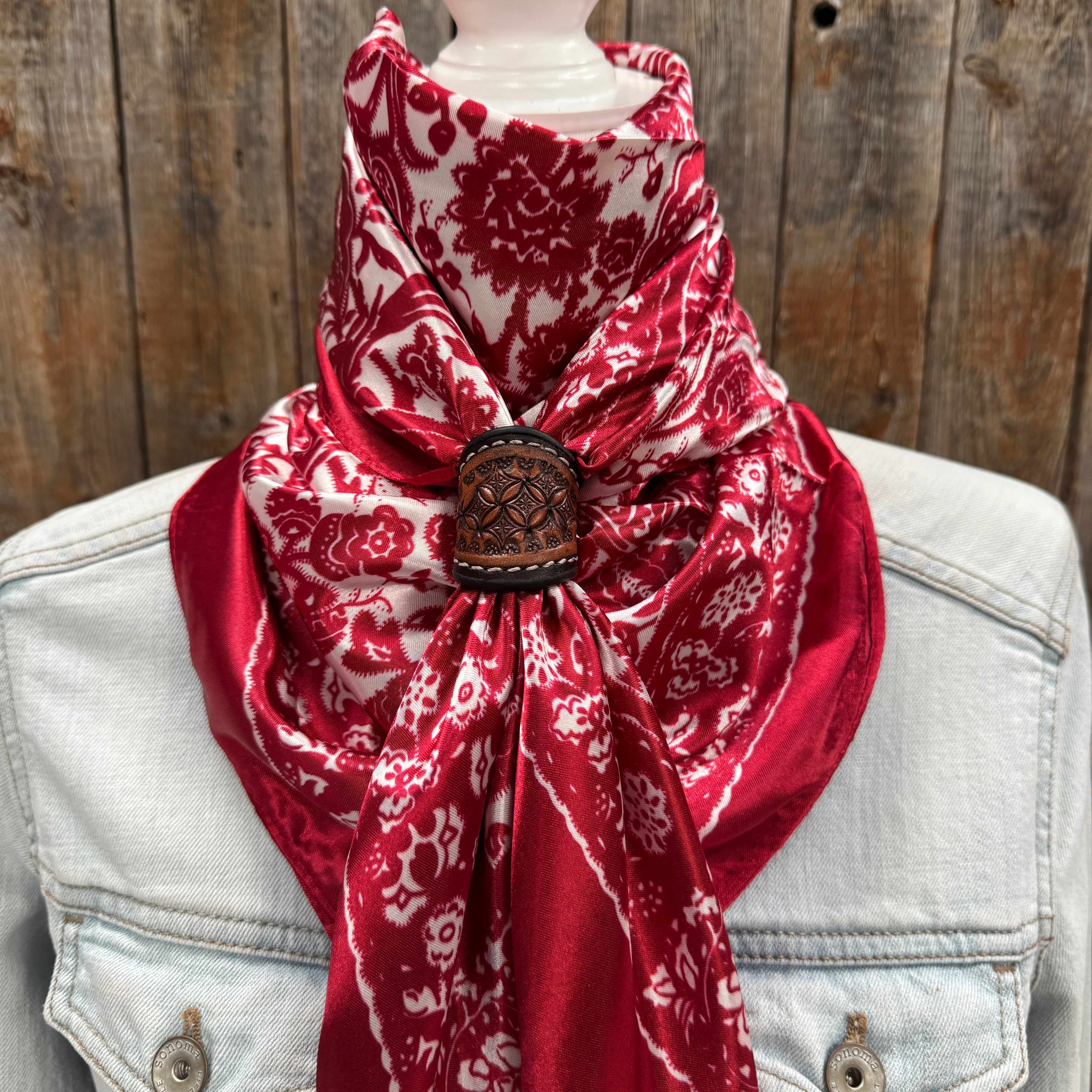 35X35" Red & Cream Paisley Wild Rag / Scarf WR143 - Tooled Leather Wild Rag Slides - Assorted