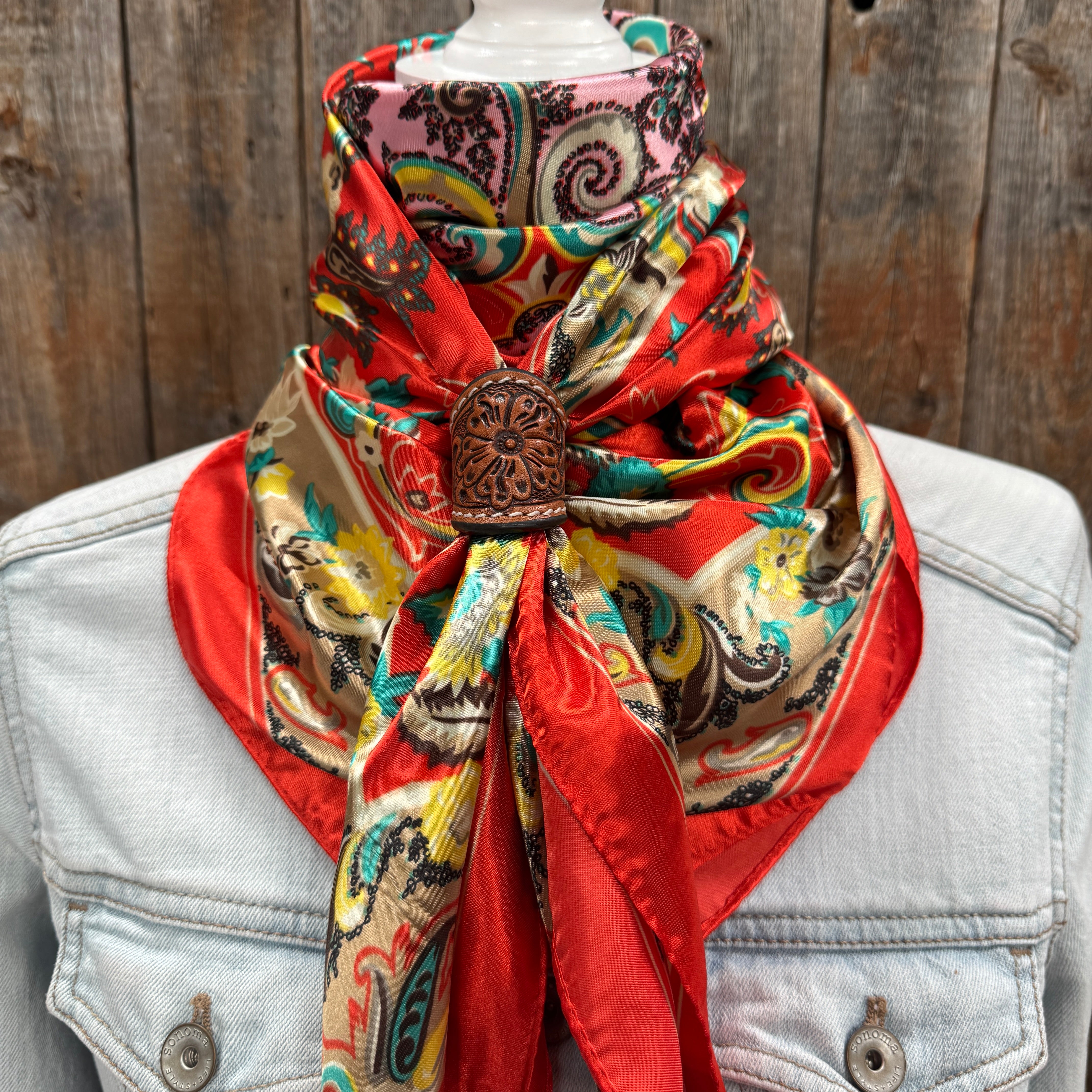 35X35" Red That So 70's Paisley Wild Rag / Scarf WR231 - Tooled Leather Wild Rag Slides - Assorted