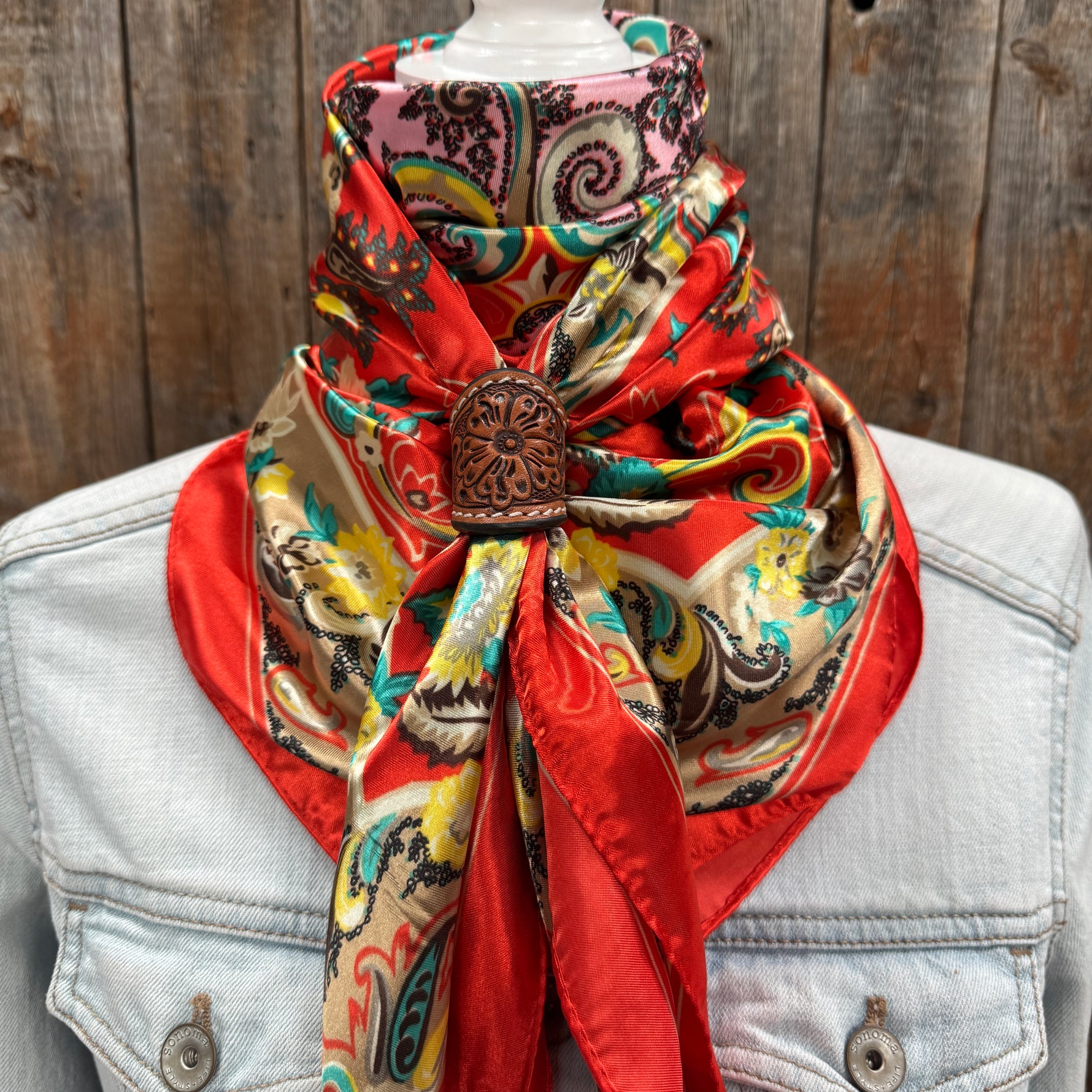 35X35" Red That So 70's Paisley Wild Rag / Scarf WR231 - Tooled Leather Wild Rag Slides - Assorted