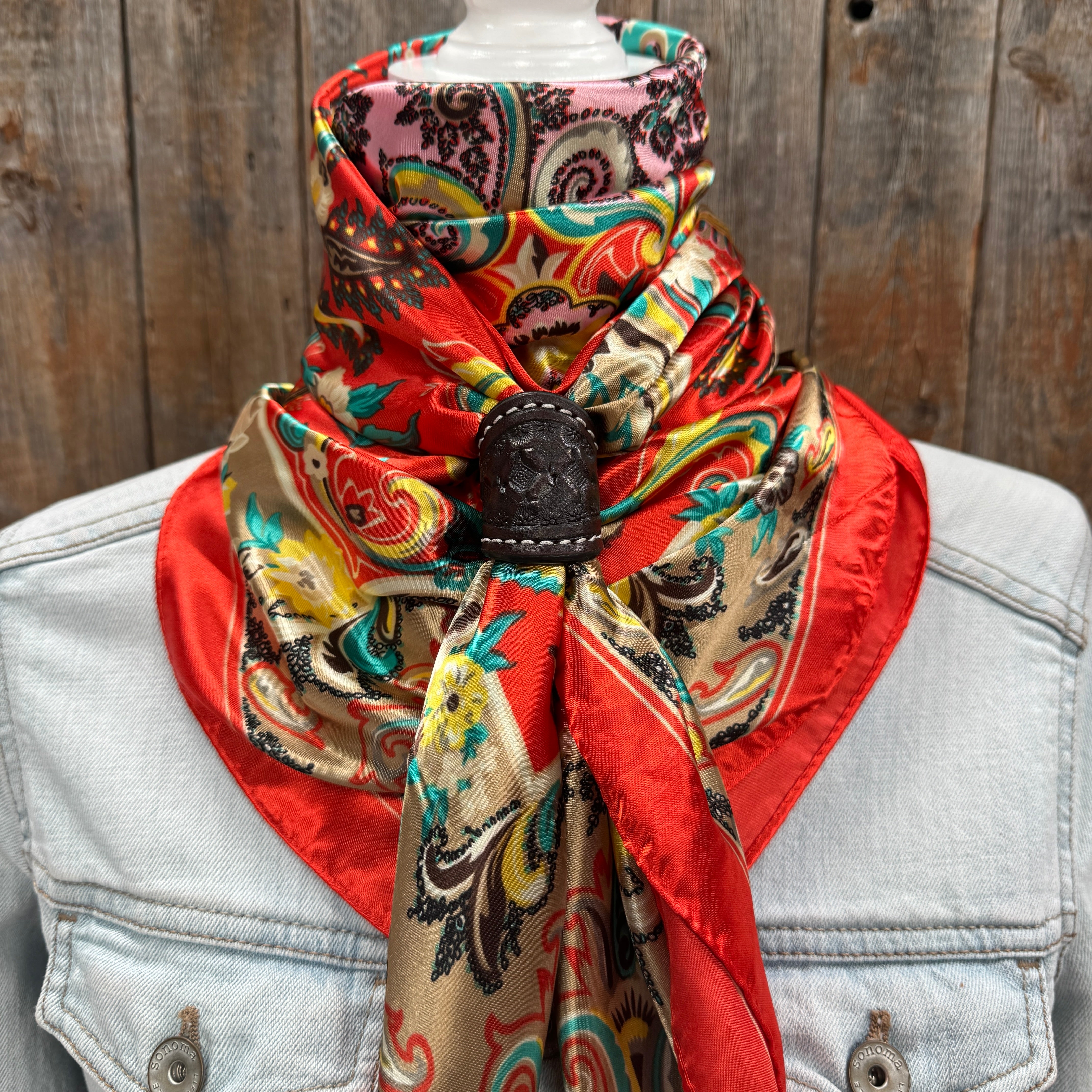 35X35" Red That So 70's Paisley Wild Rag / Scarf WR231 - Tooled Leather Wild Rag Slides - Assorted