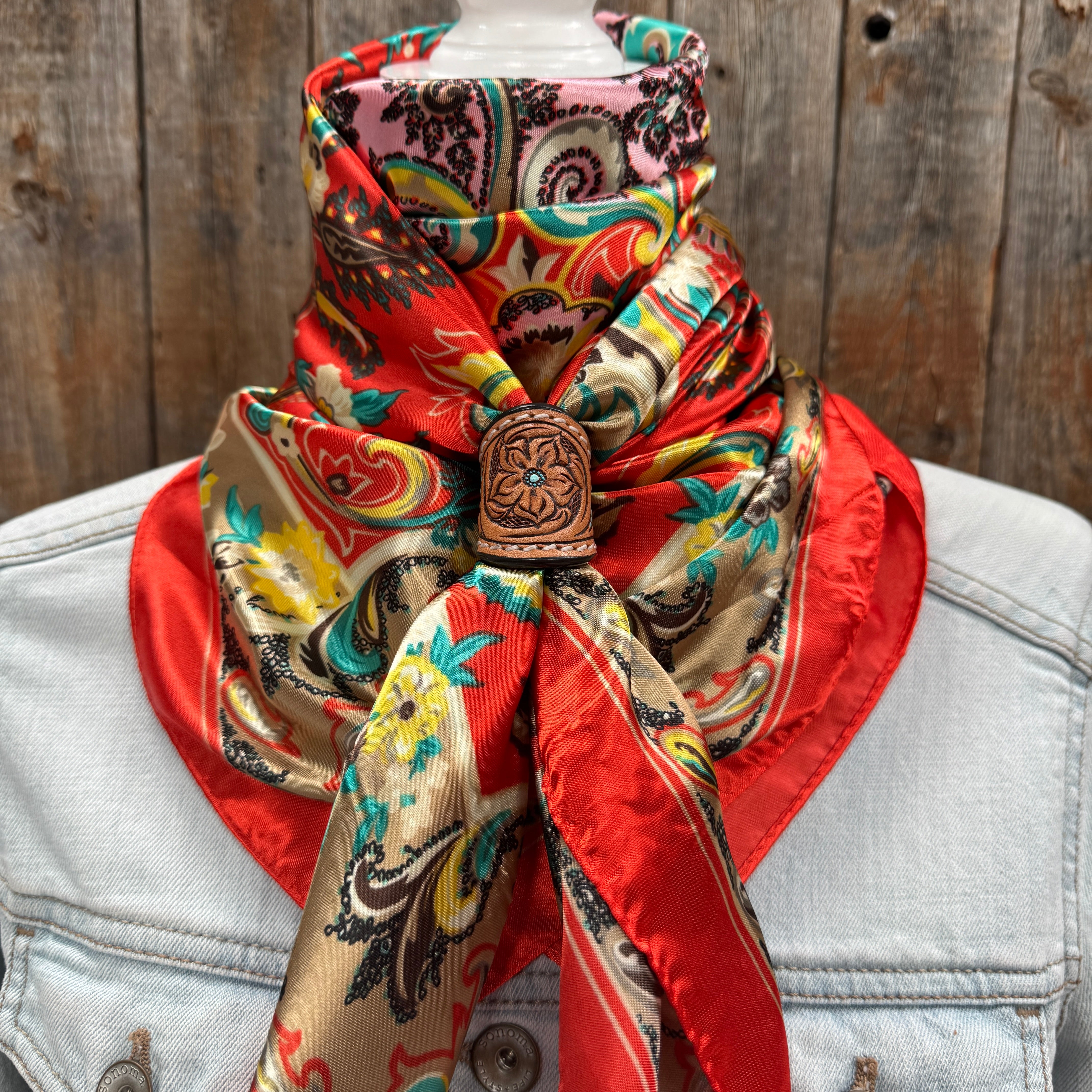 35X35" Red That So 70's Paisley Wild Rag / Scarf WR231 - Tooled Leather Wild Rag Slides - Assorted