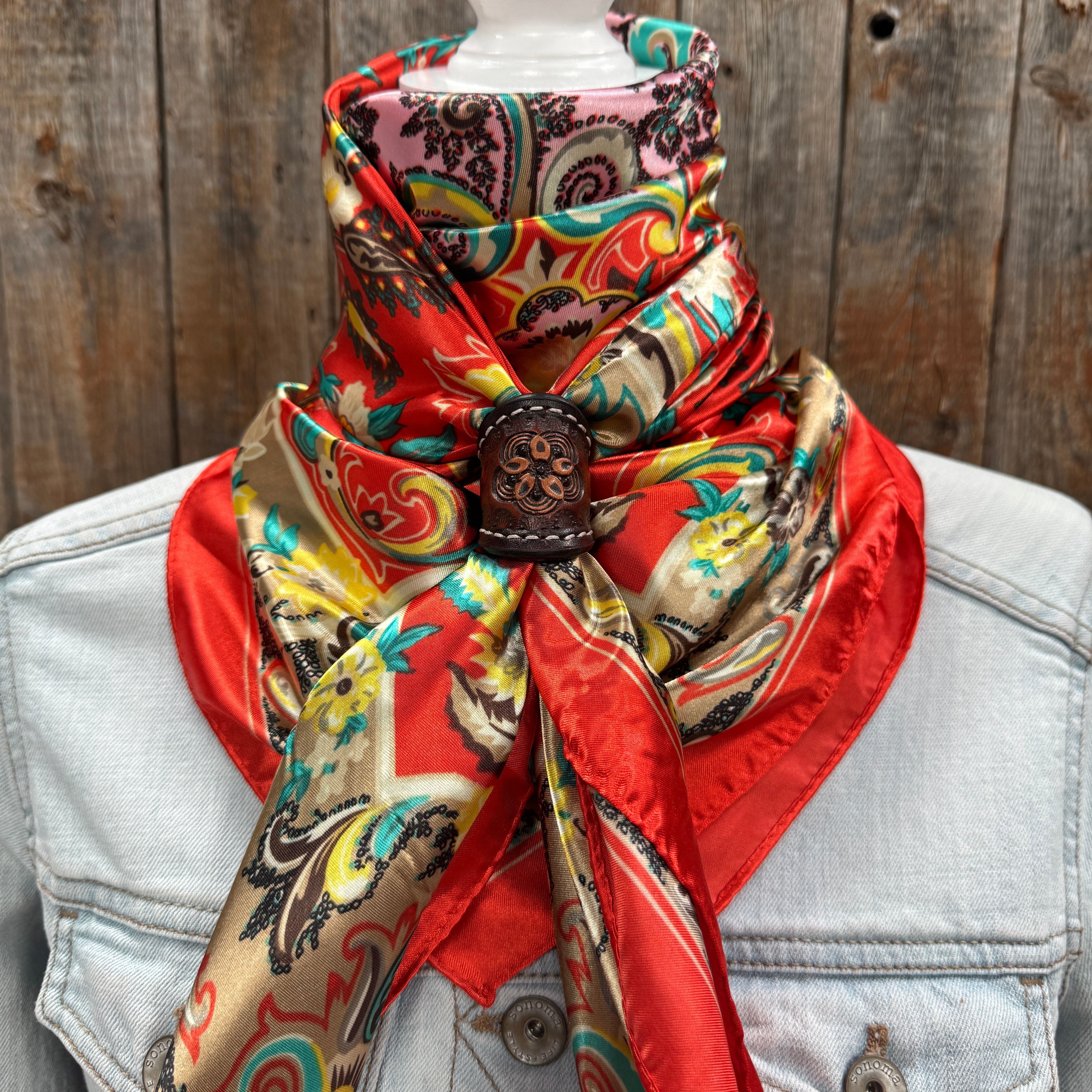 35X35" Red That So 70's Paisley Wild Rag / Scarf WR231 - Tooled Leather Wild Rag Slides - Assorted