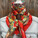 35X35" Red That So 70's Paisley Wild Rag / Scarf WR231 - Tooled Leather Wild Rag Slides - Assorted