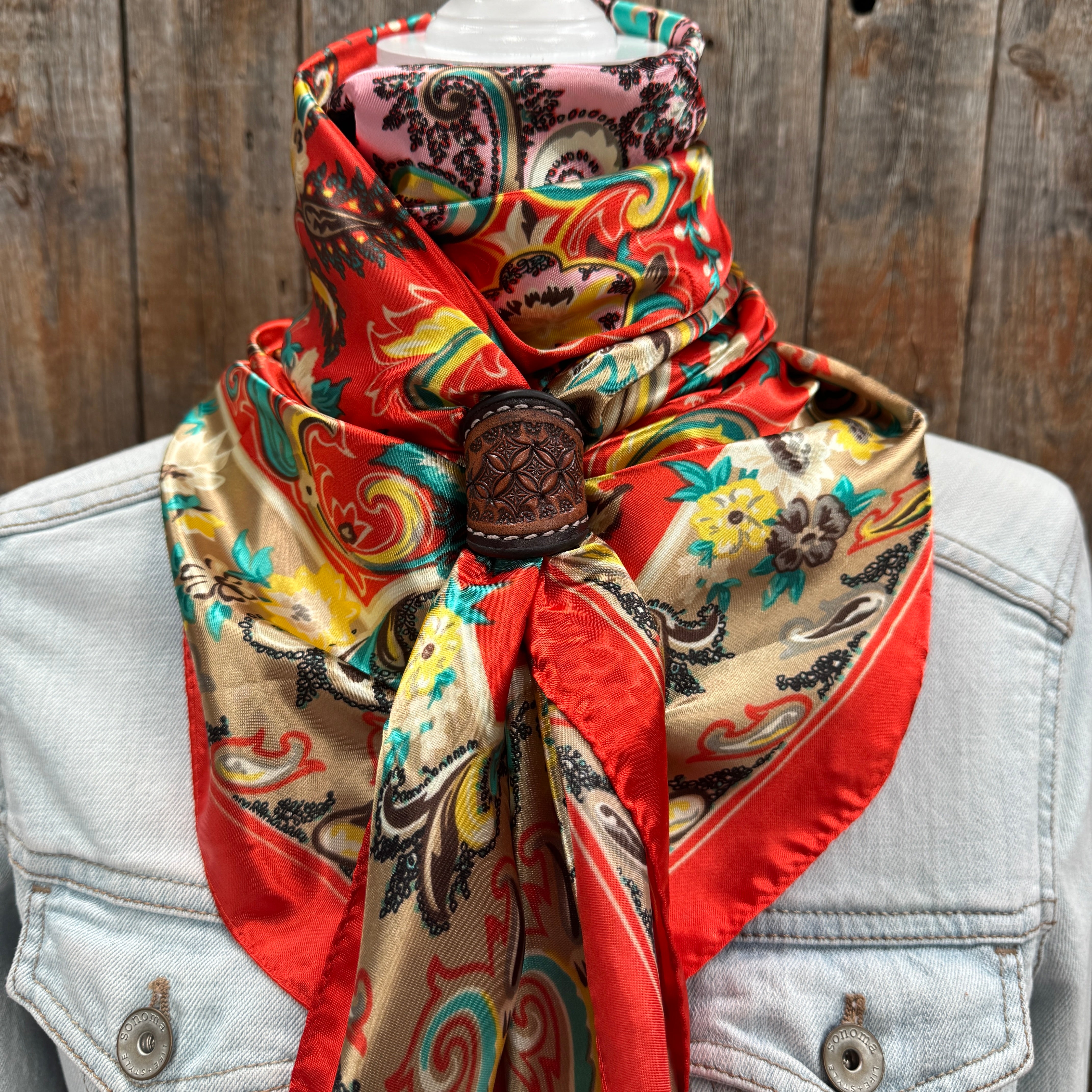 35X35" Red That So 70's Paisley Wild Rag / Scarf WR231 - Tooled Leather Wild Rag Slides - Assorted