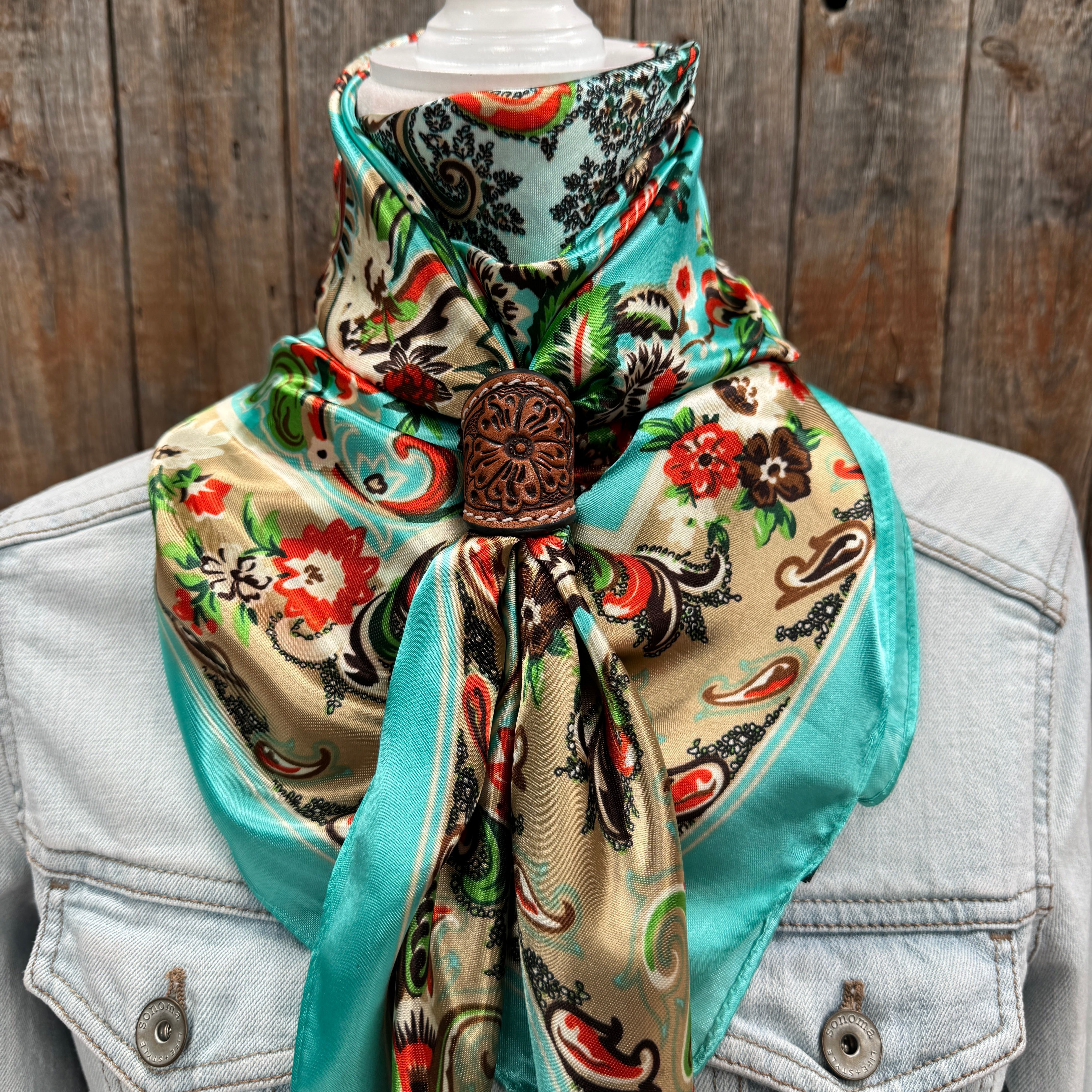 35X35" Turquoise That So 70's Paisley Wild Rag / Scarf WR230 - Tooled Leather Wild Rag Slides - Assorted