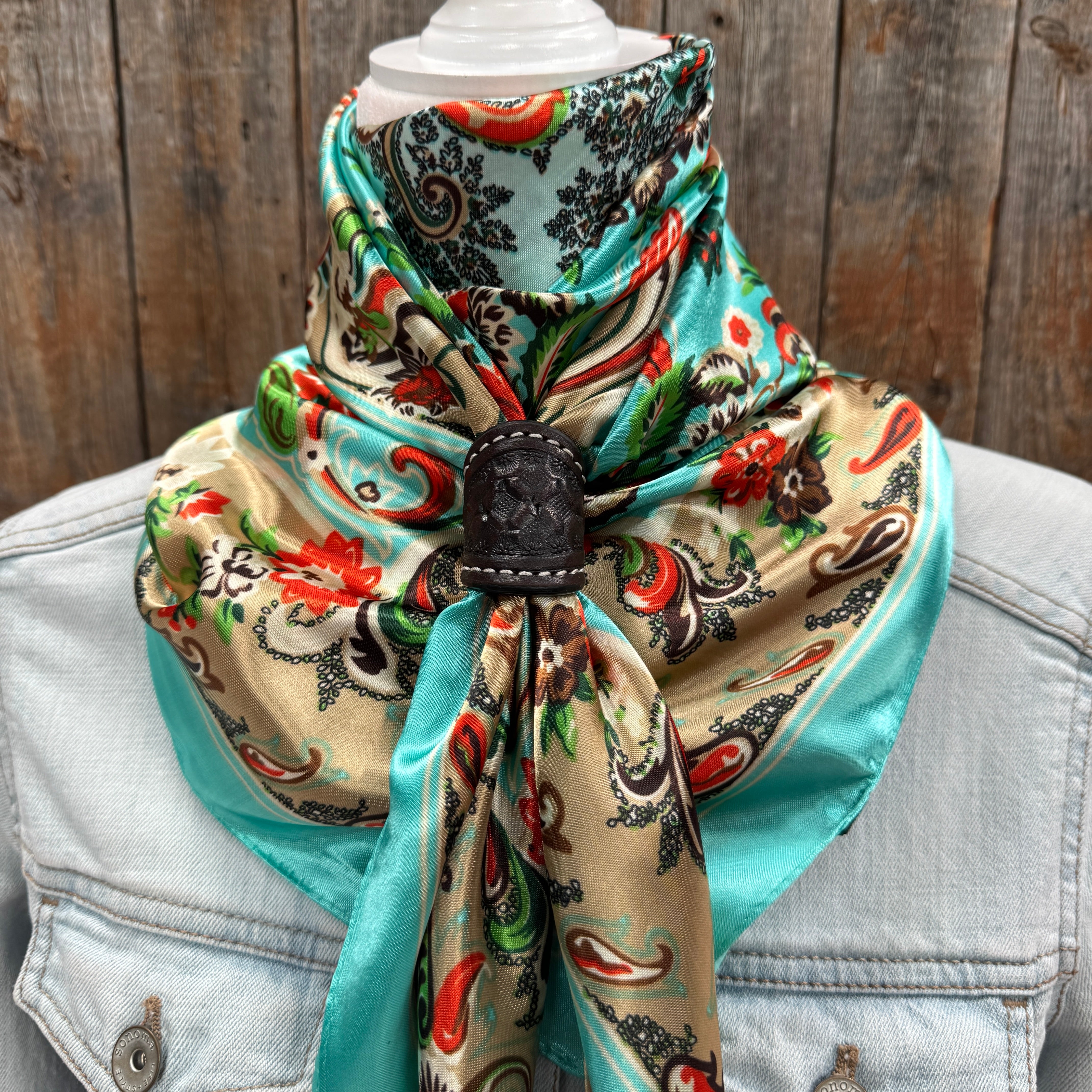 35X35" Turquoise That So 70's Paisley Wild Rag / Scarf WR230 - Tooled Leather Wild Rag Slides - Assorted