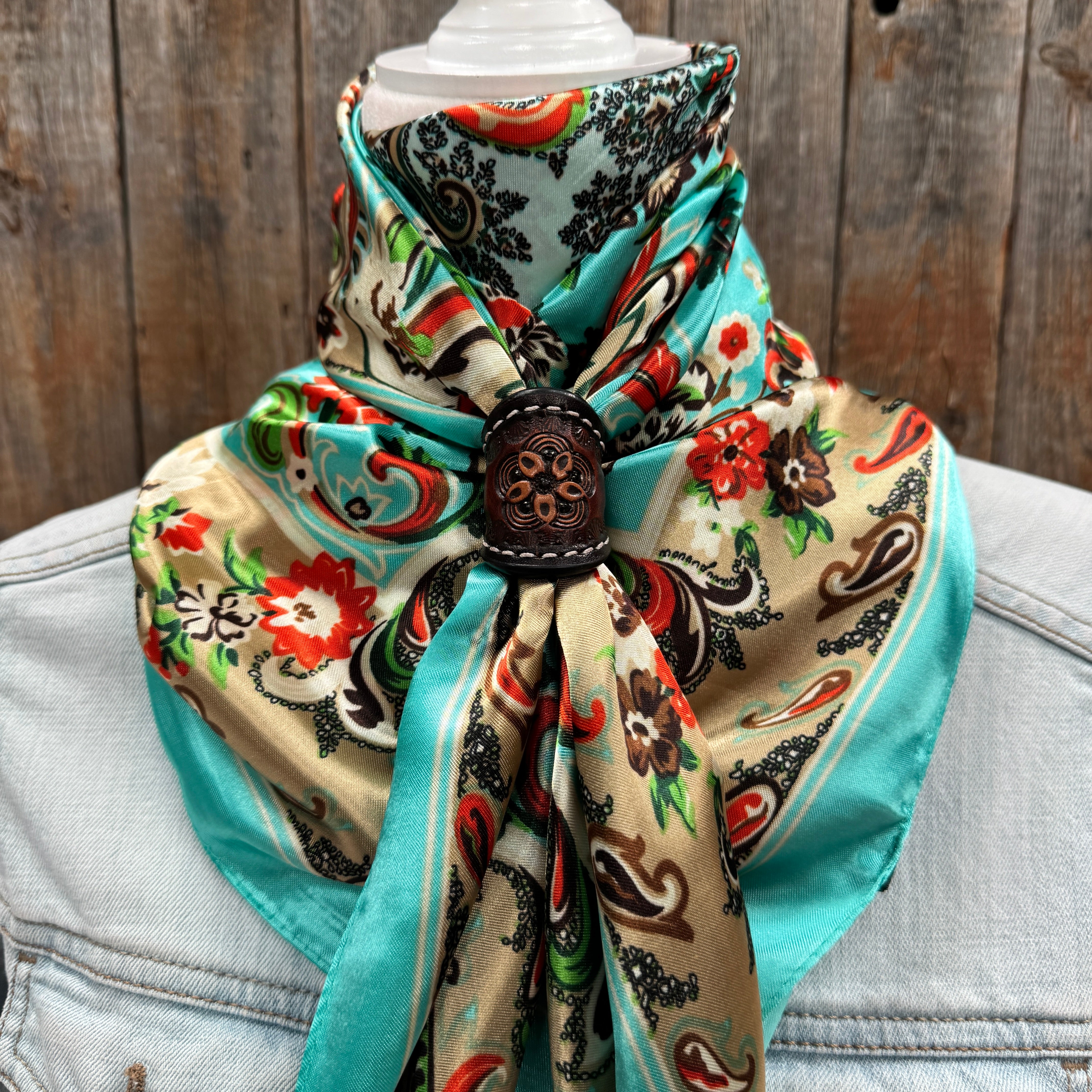 35X35" Turquoise That So 70's Paisley Wild Rag / Scarf WR230 - Tooled Leather Wild Rag Slides - Assorted