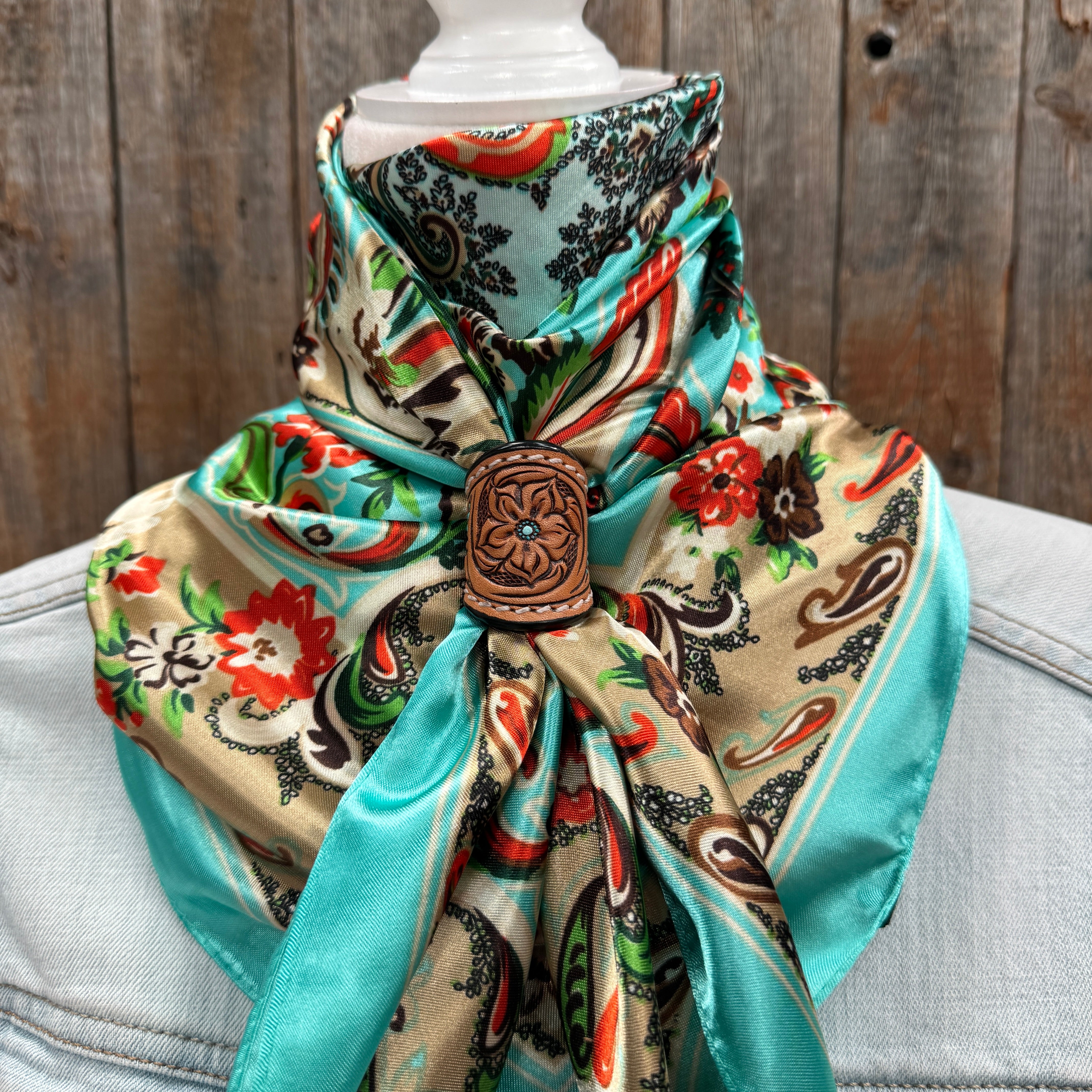 35X35" Turquoise That So 70's Paisley Wild Rag / Scarf WR230 - Tooled Leather Wild Rag Slides - Assorted