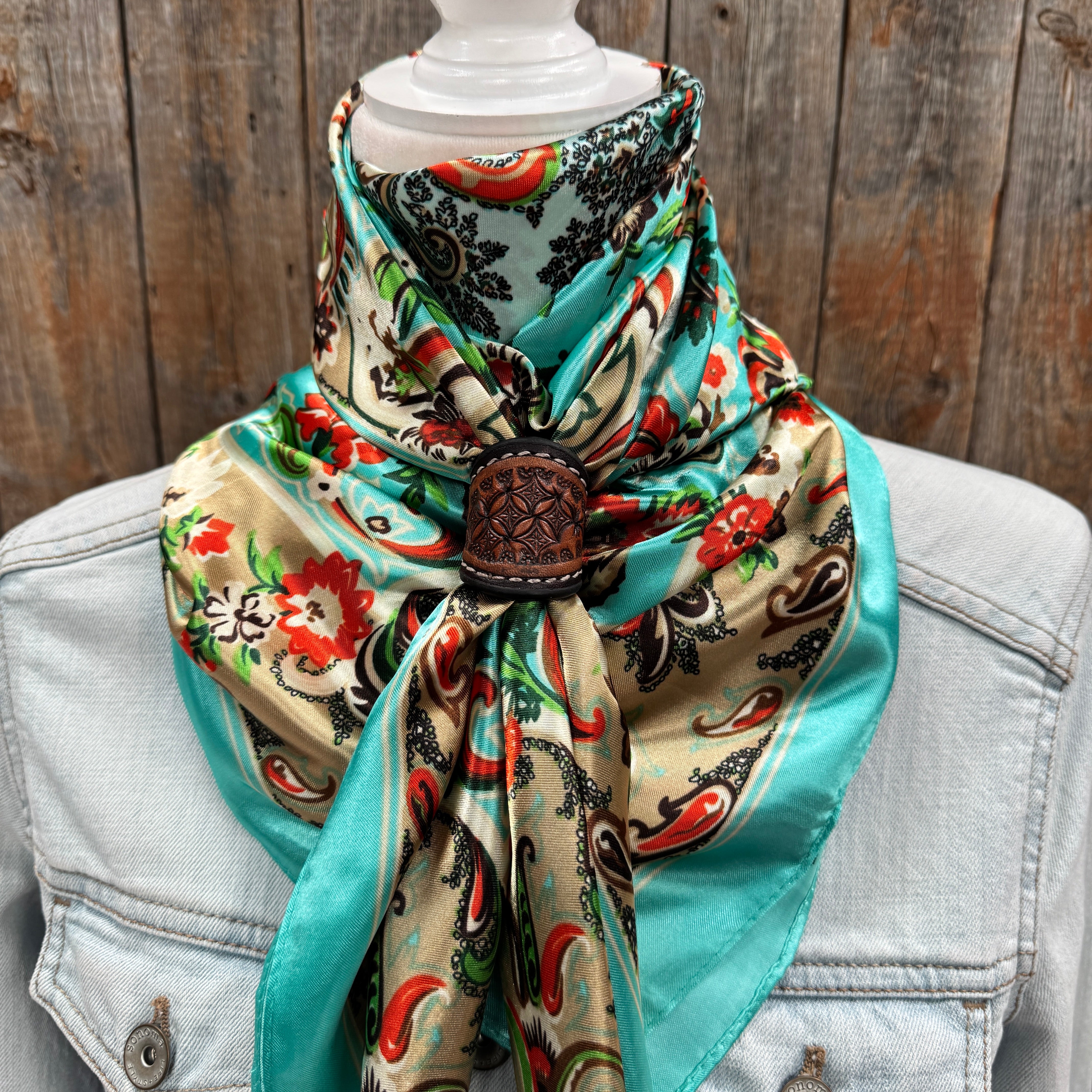 35X35" Turquoise That So 70's Paisley Wild Rag / Scarf WR230 - Tooled Leather Wild Rag Slides - Assorted