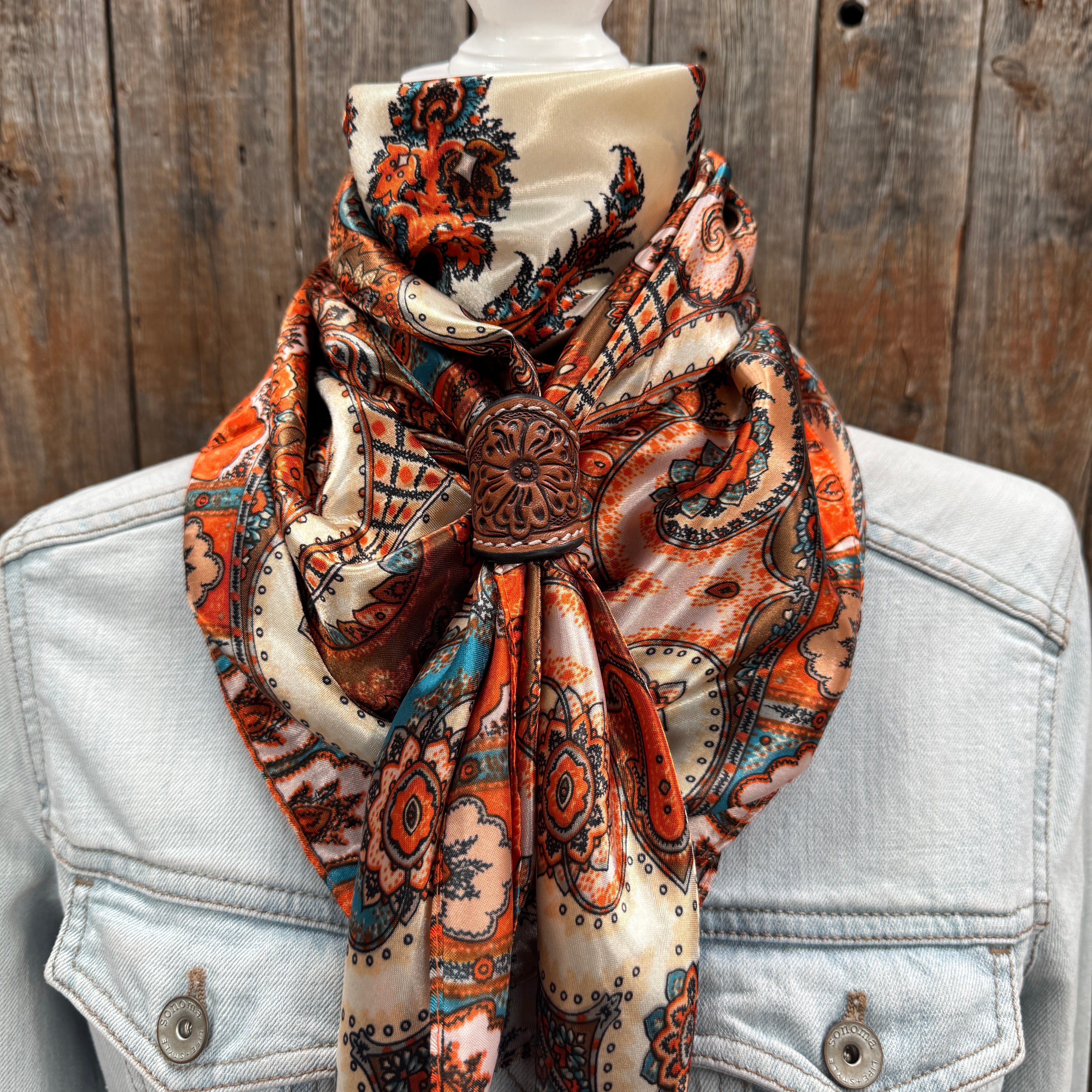 35X35" Tan & Cream Paisley Wild Rag / Scarf WR907 - Tooled Leather Wild Rag Slides - Assorted