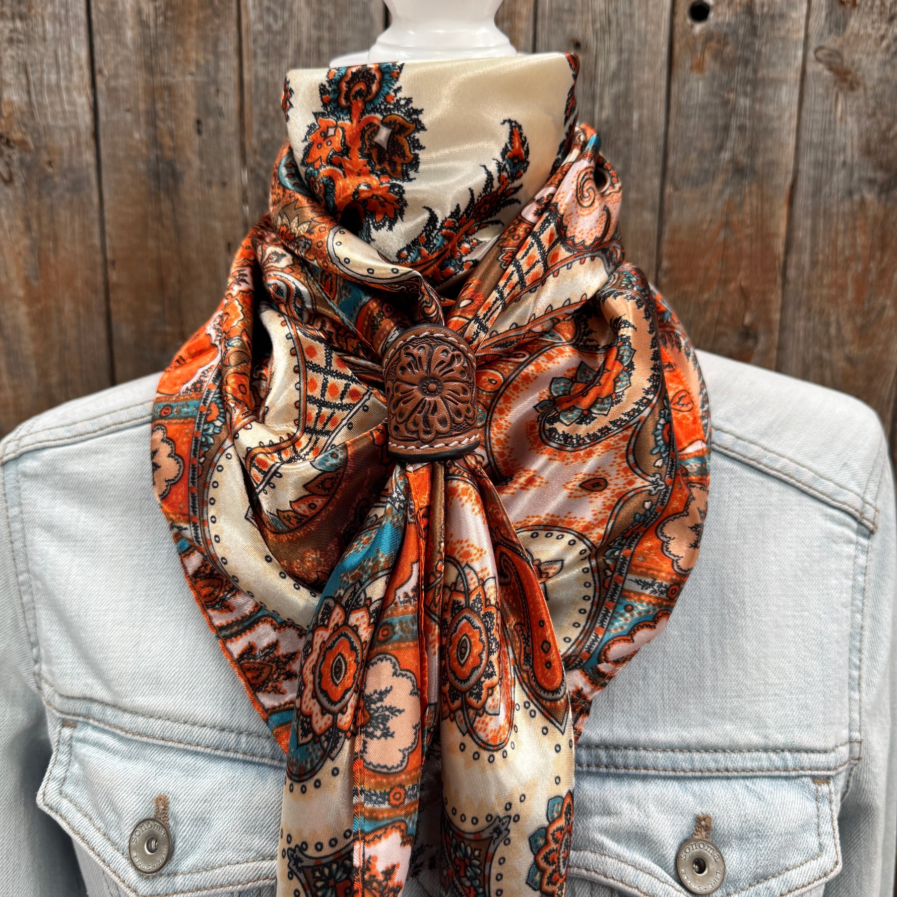 35X35" Tan & Cream Paisley Wild Rag / Scarf WR907 - Tooled Leather Wild Rag Slides - Assorted