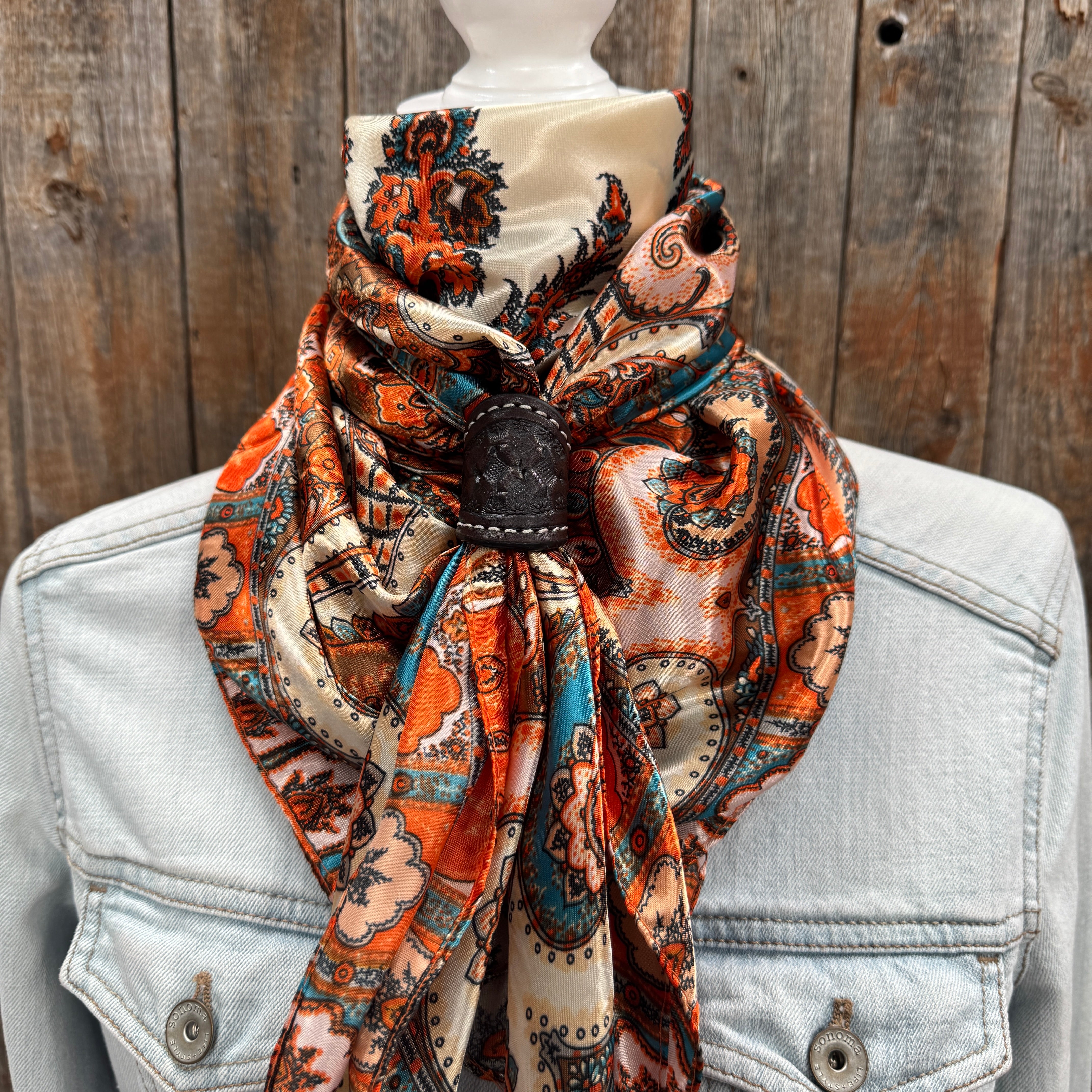 35X35" Tan & Cream Paisley Wild Rag / Scarf WR907 - Tooled Leather Wild Rag Slides - Assorted