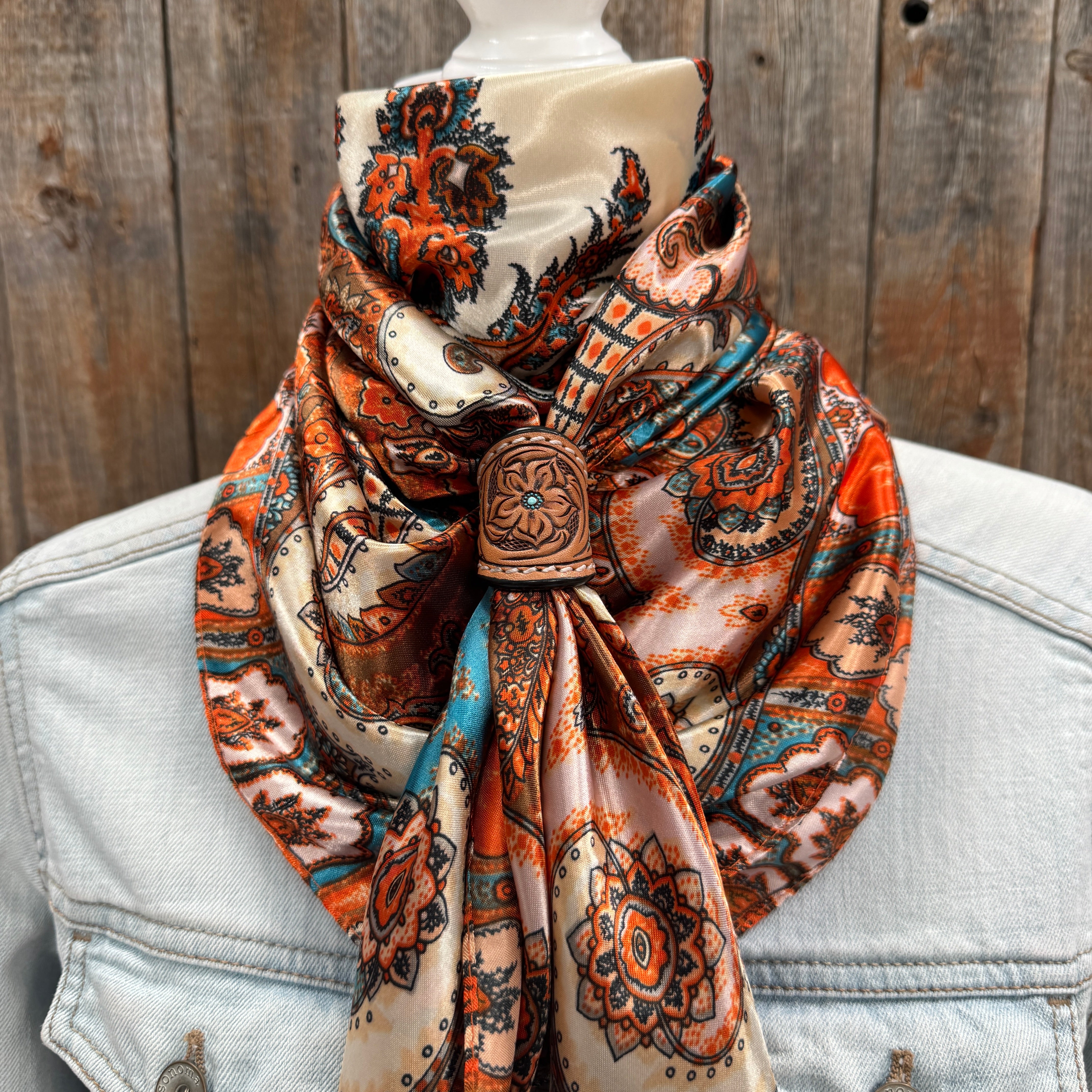 35X35" Tan & Cream Paisley Wild Rag / Scarf WR907 - Tooled Leather Wild Rag Slides - Assorted