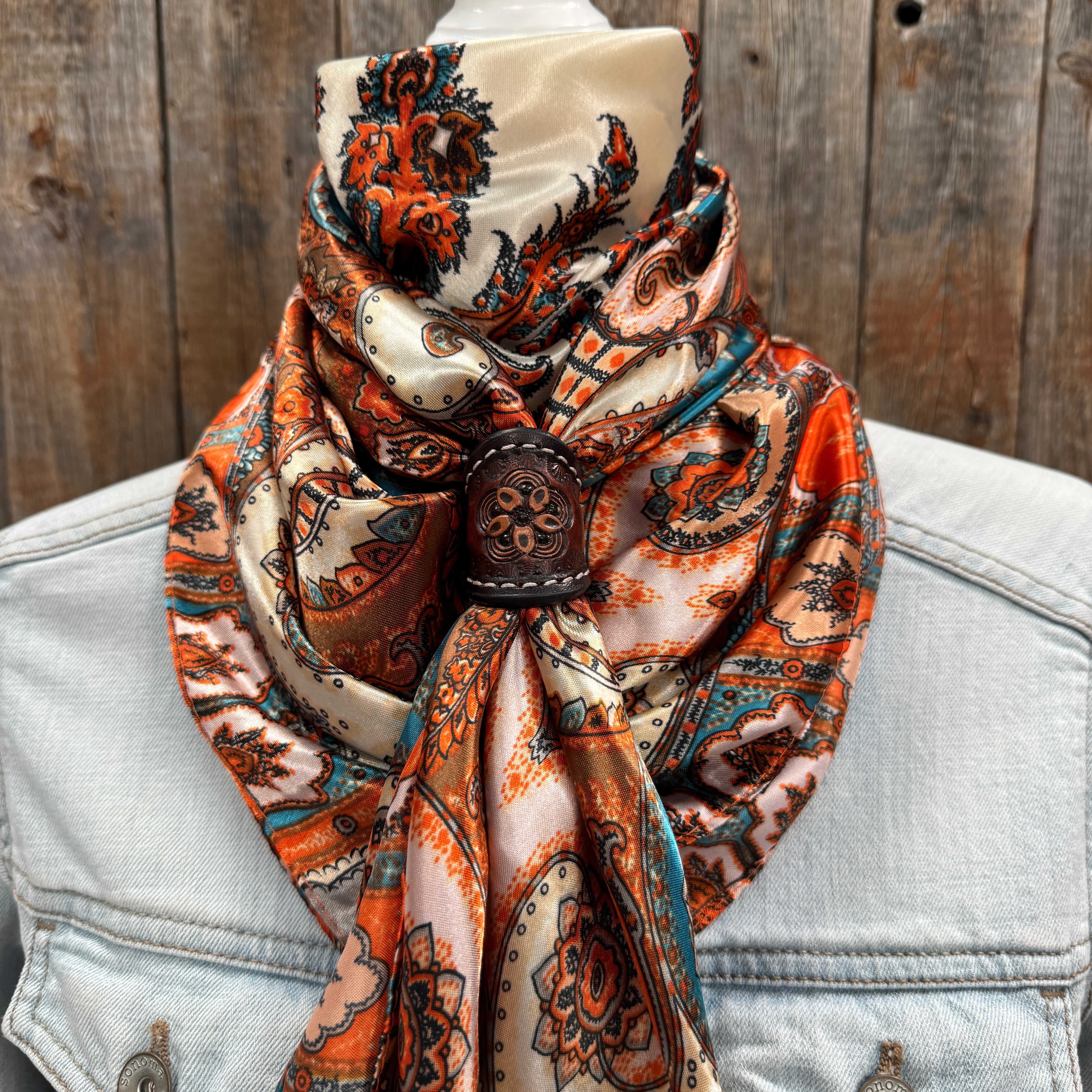 35X35" Tan & Cream Paisley Wild Rag / Scarf WR907 - Tooled Leather Wild Rag Slides - Assorted