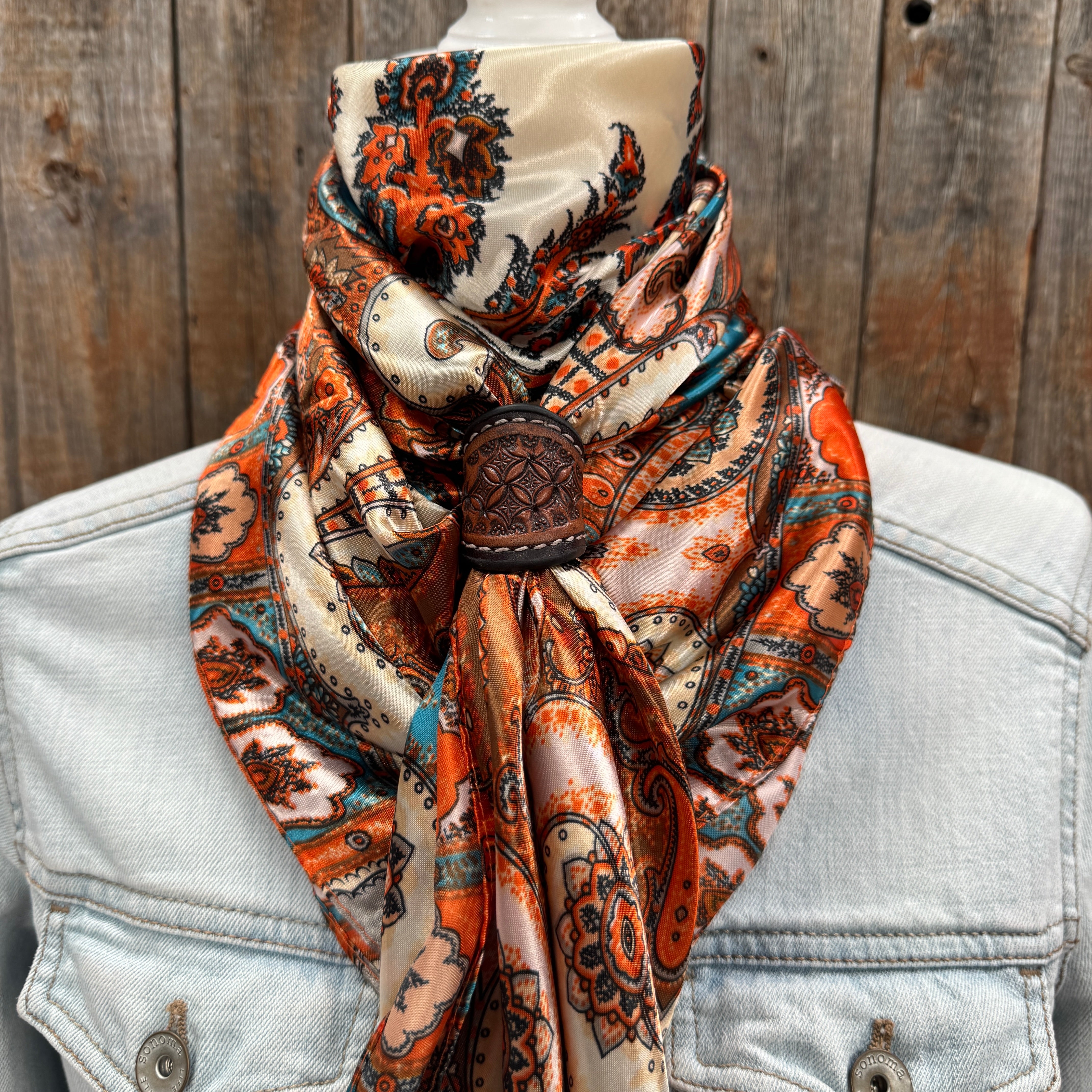 35X35" Tan & Cream Paisley Wild Rag / Scarf WR907 - Tooled Leather Wild Rag Slides - Assorted