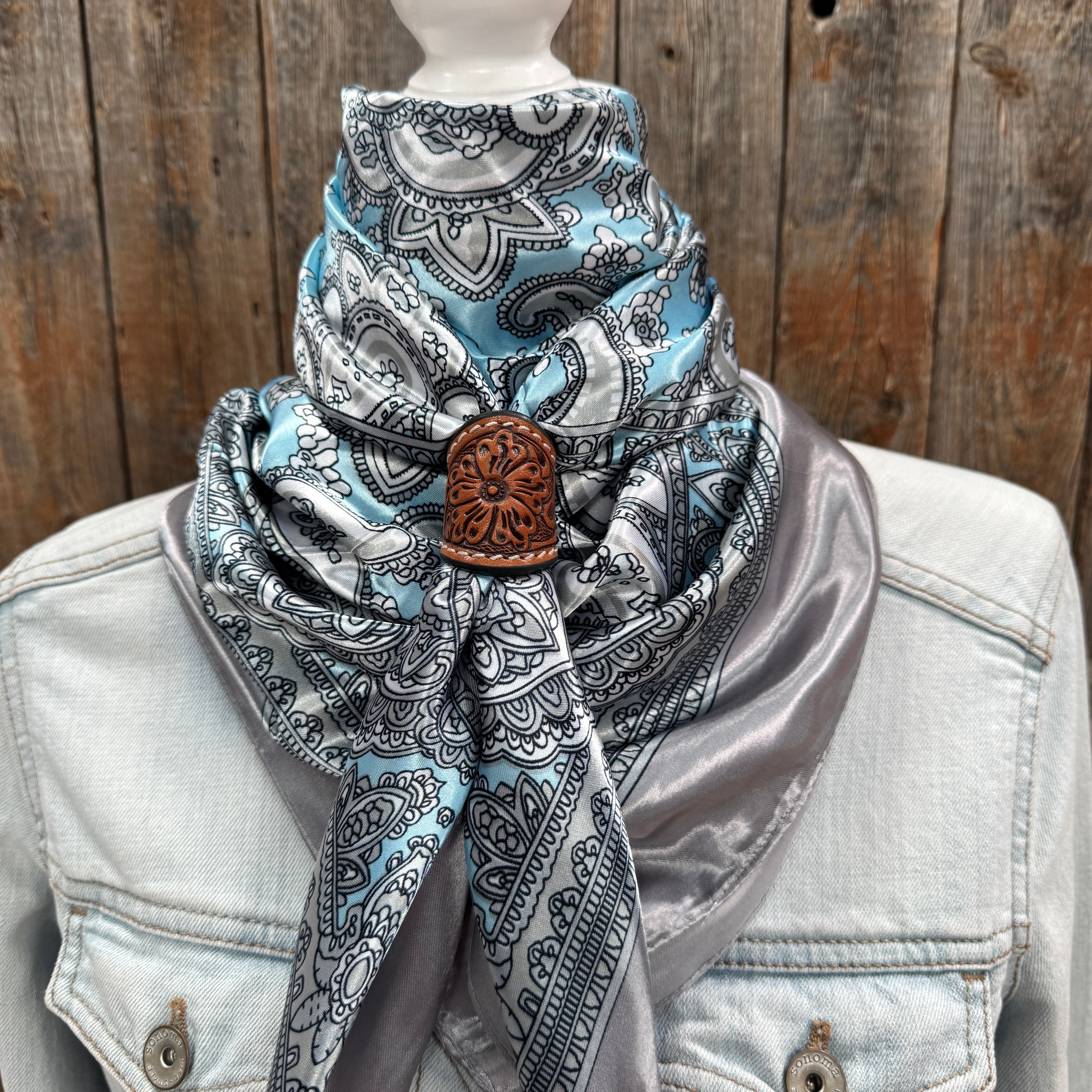 35X35" Grey & Turquoise Paisley Paisley Wild Rag / Scarf WR2144 - Tooled Leather Wild Rag Slides - Assorted