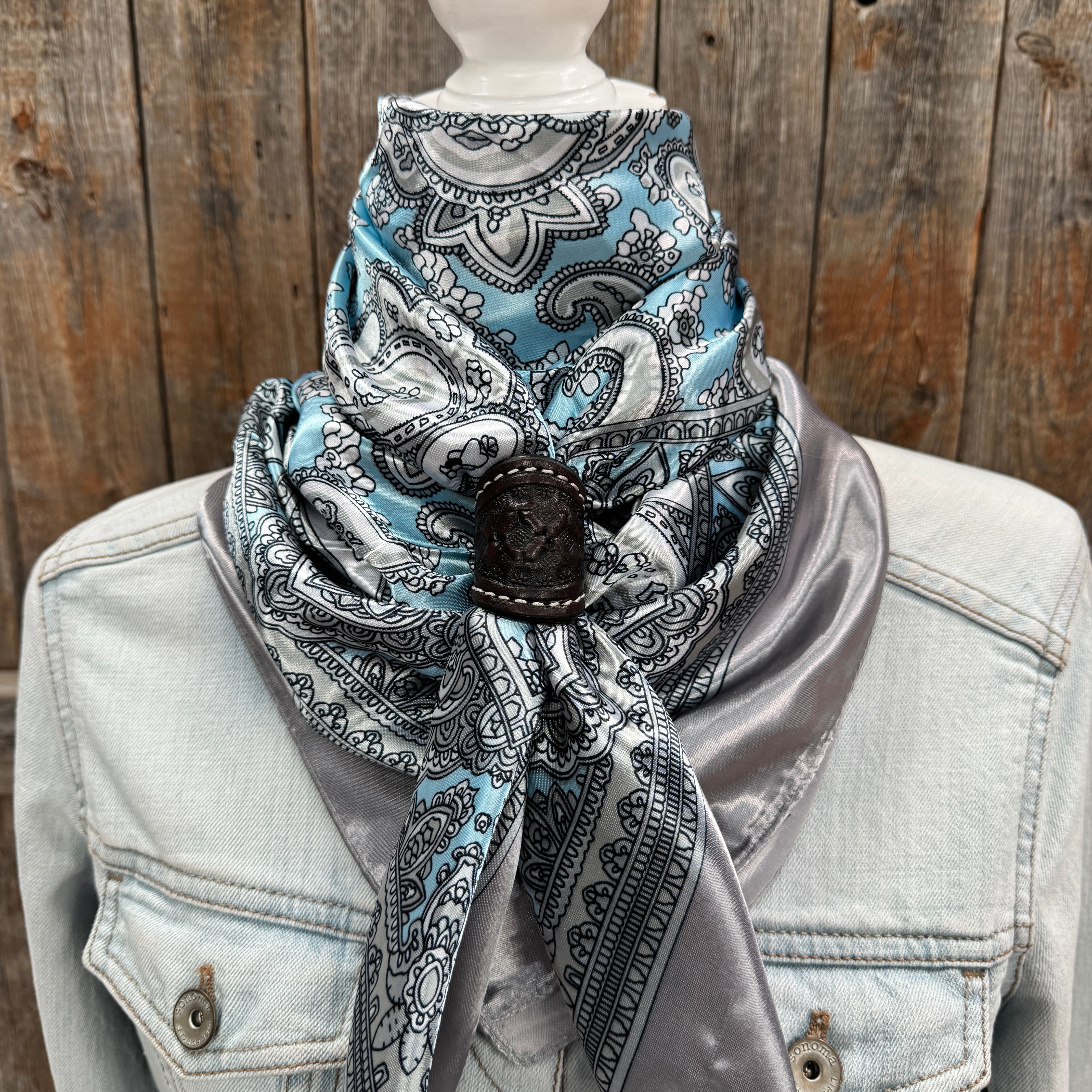 35X35" Grey & Turquoise Paisley Paisley Wild Rag / Scarf WR2144 - Tooled Leather Wild Rag Slides - Assorted