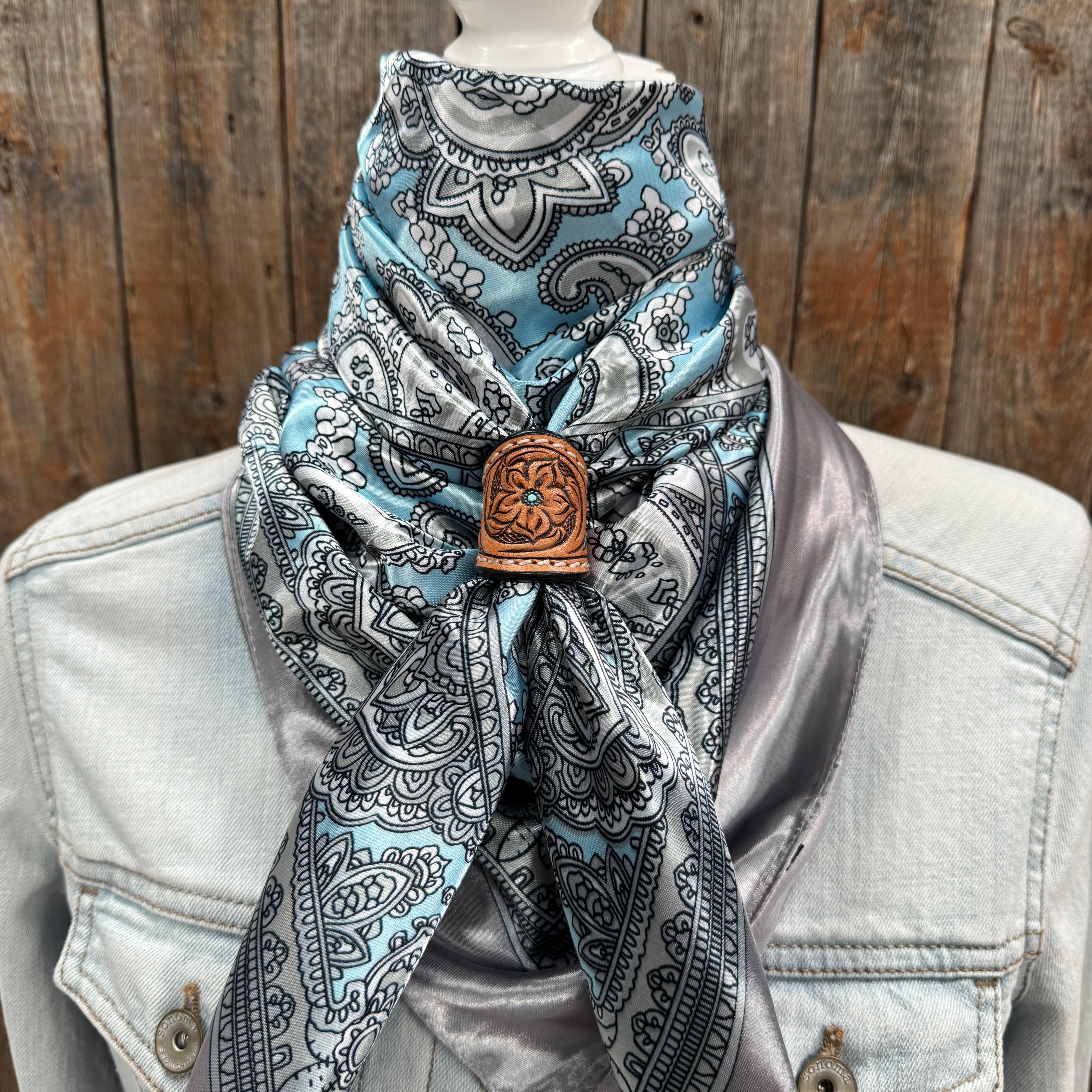 35X35" Grey & Turquoise Paisley Paisley Wild Rag / Scarf WR2144 - Tooled Leather Wild Rag Slides - Assorted