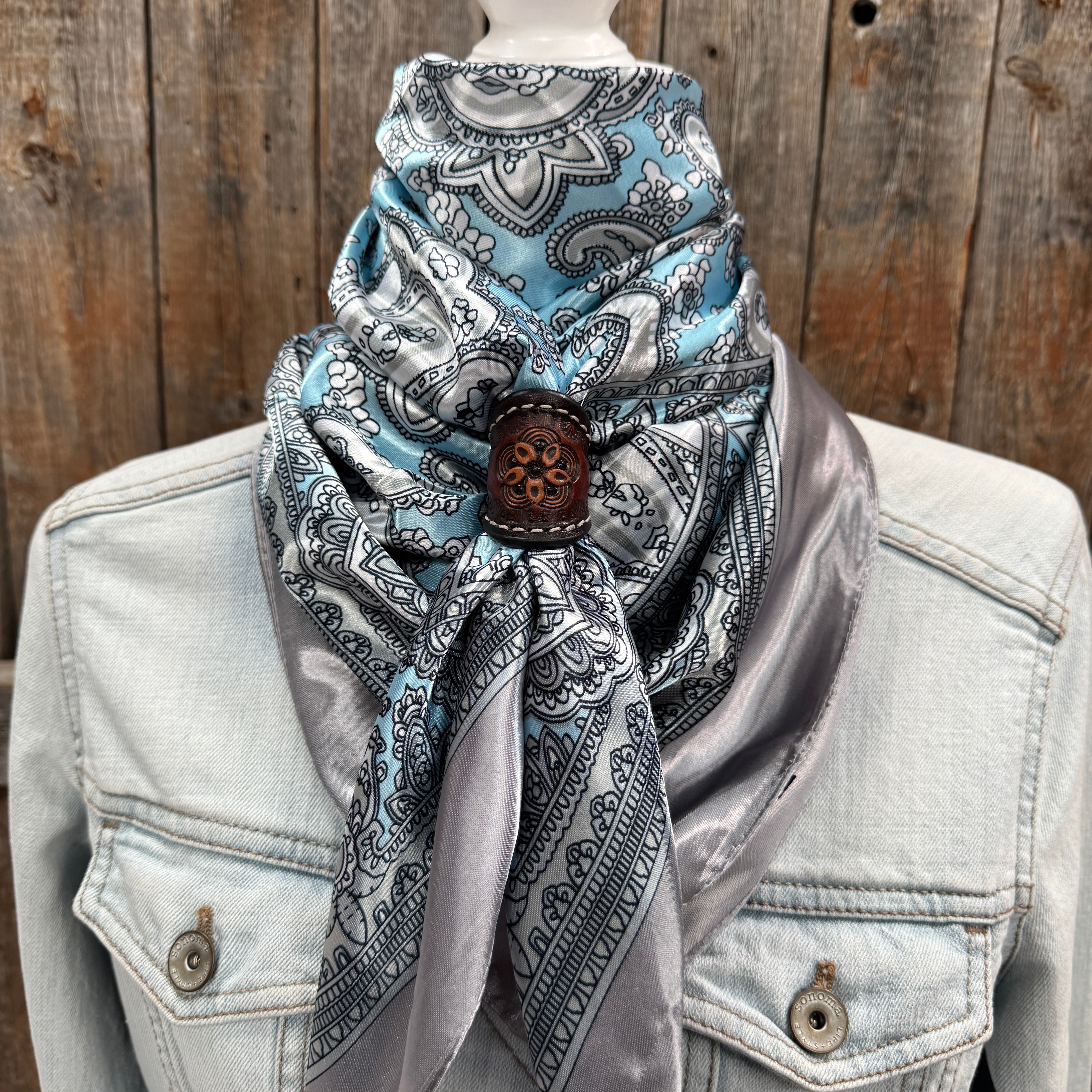 35X35" Grey & Turquoise Paisley Paisley Wild Rag / Scarf WR2144 - Tooled Leather Wild Rag Slides - Assorted