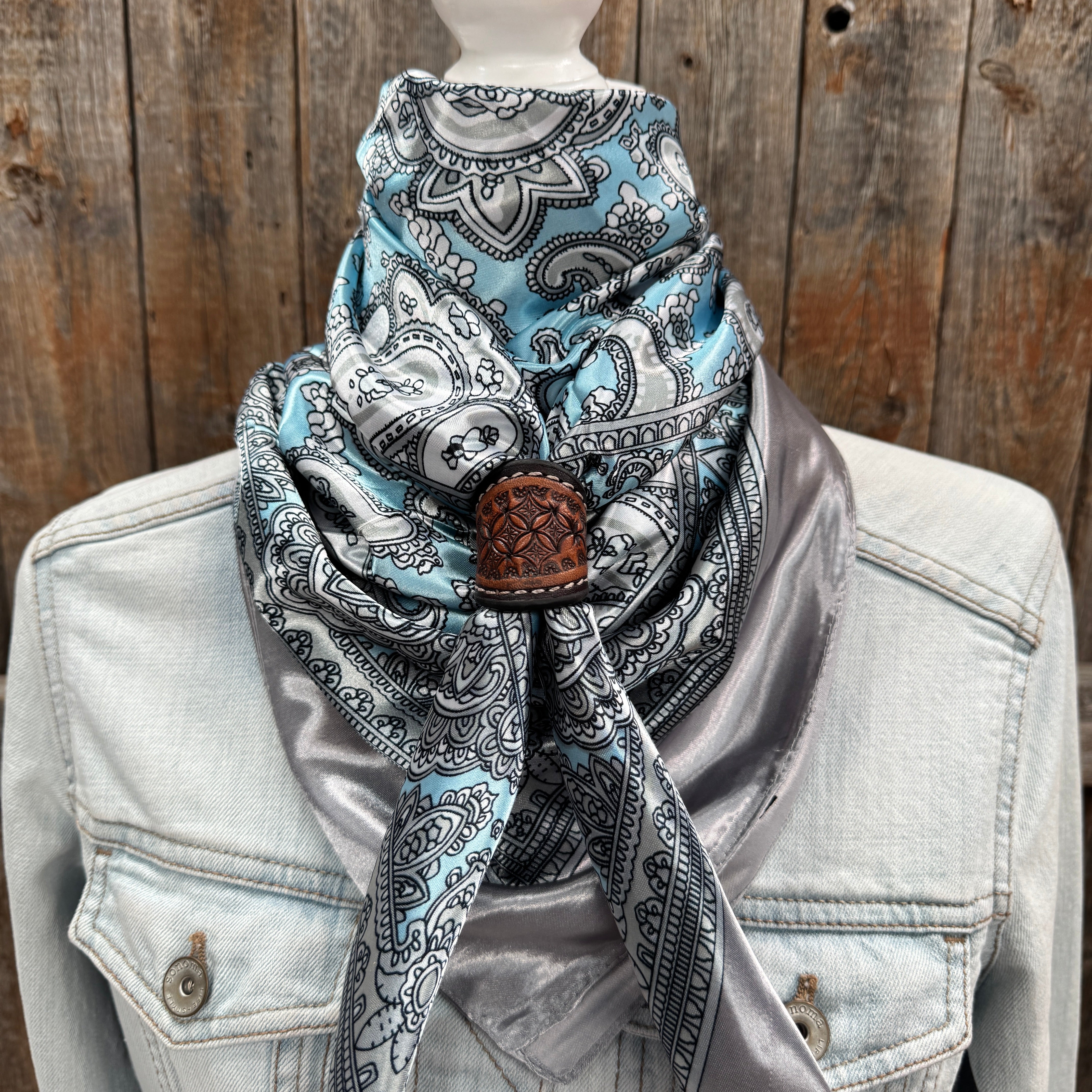 35X35" Grey & Turquoise Paisley Paisley Wild Rag / Scarf WR2144 - Tooled Leather Wild Rag Slides - Assorted