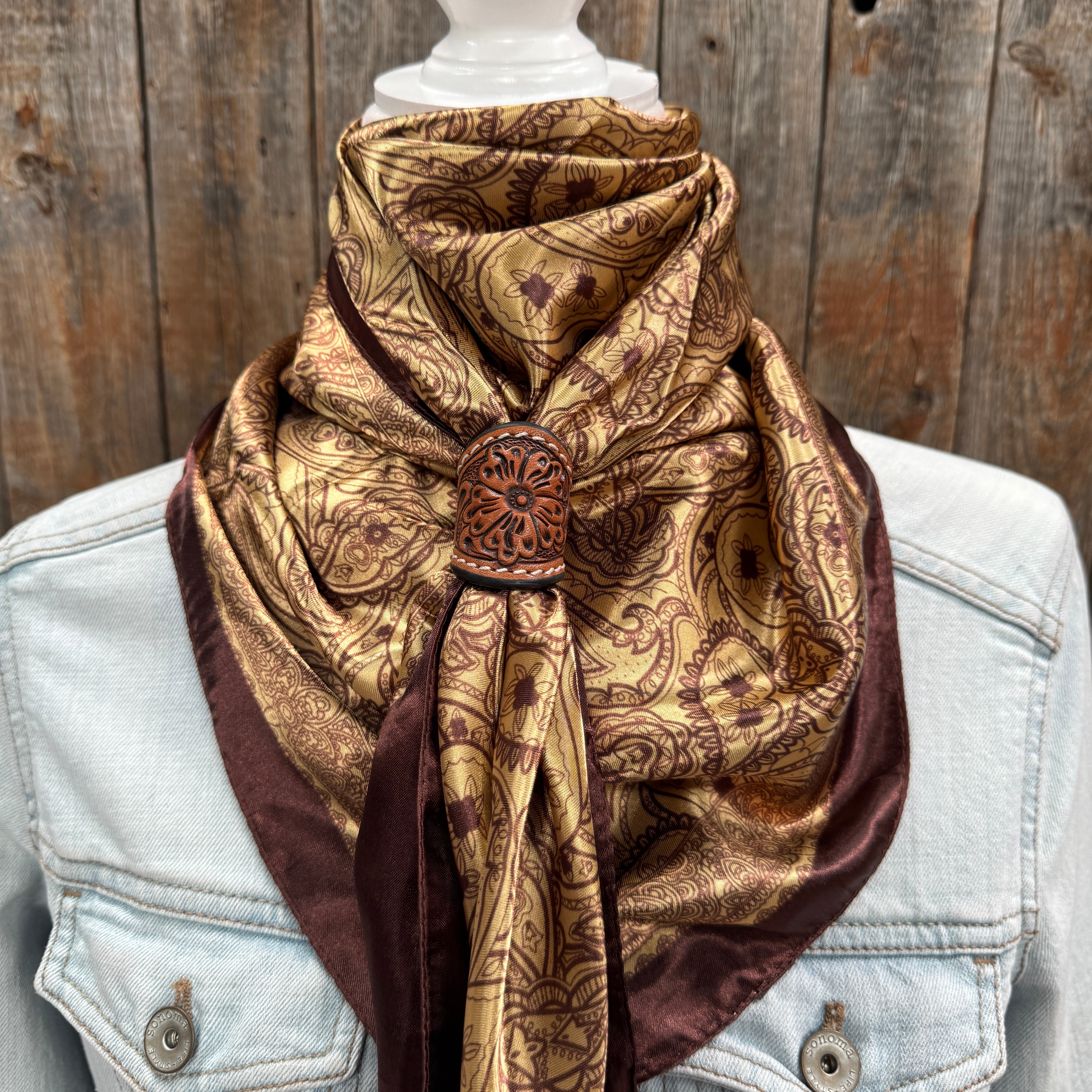 35X35" Earth Tones Paisley Wild Rag / Scarf WR3402 - Tooled Leather Wild Rag Slides - Assorted