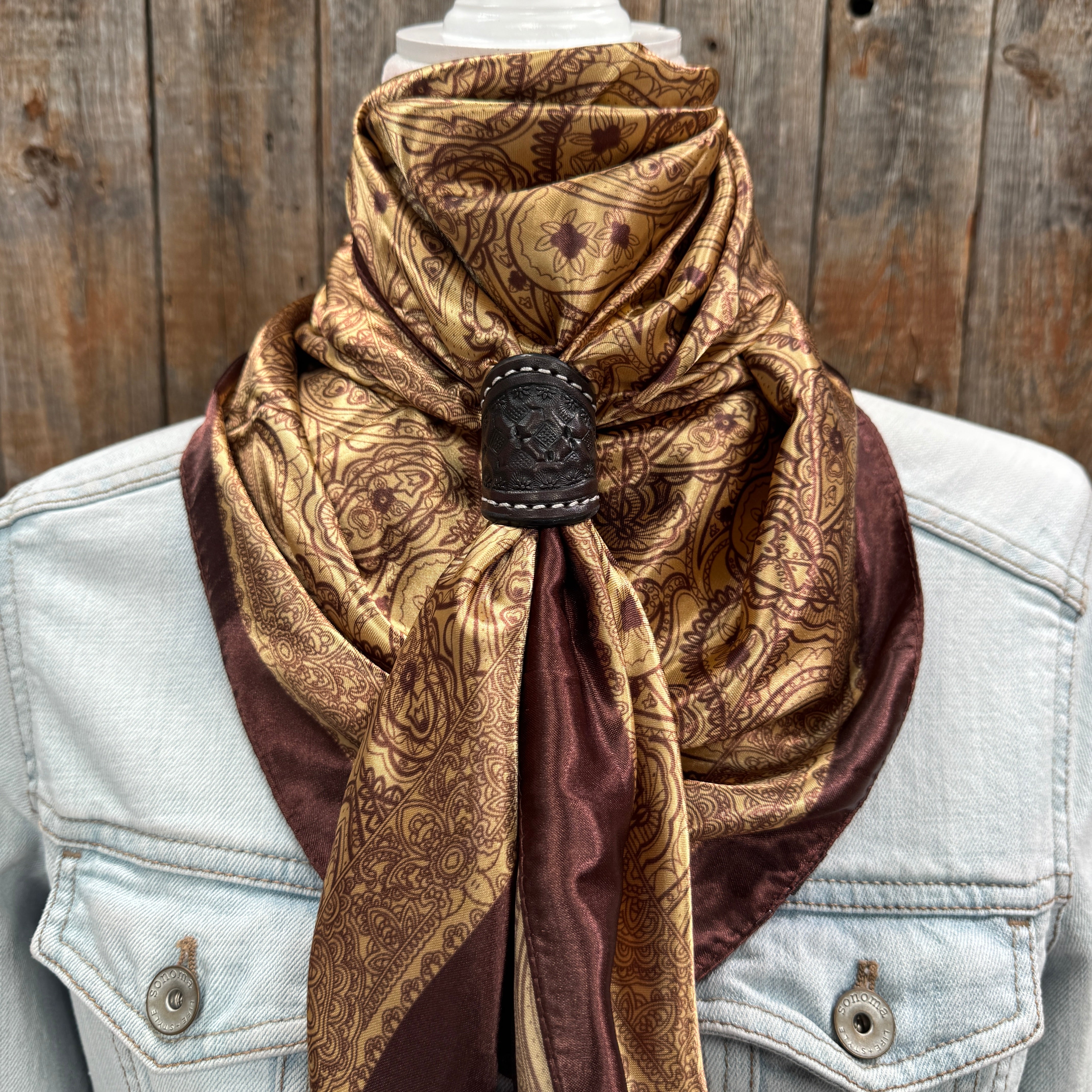 35X35" Earth Tones Paisley Wild Rag / Scarf WR3402 - Tooled Leather Wild Rag Slides - Assorted