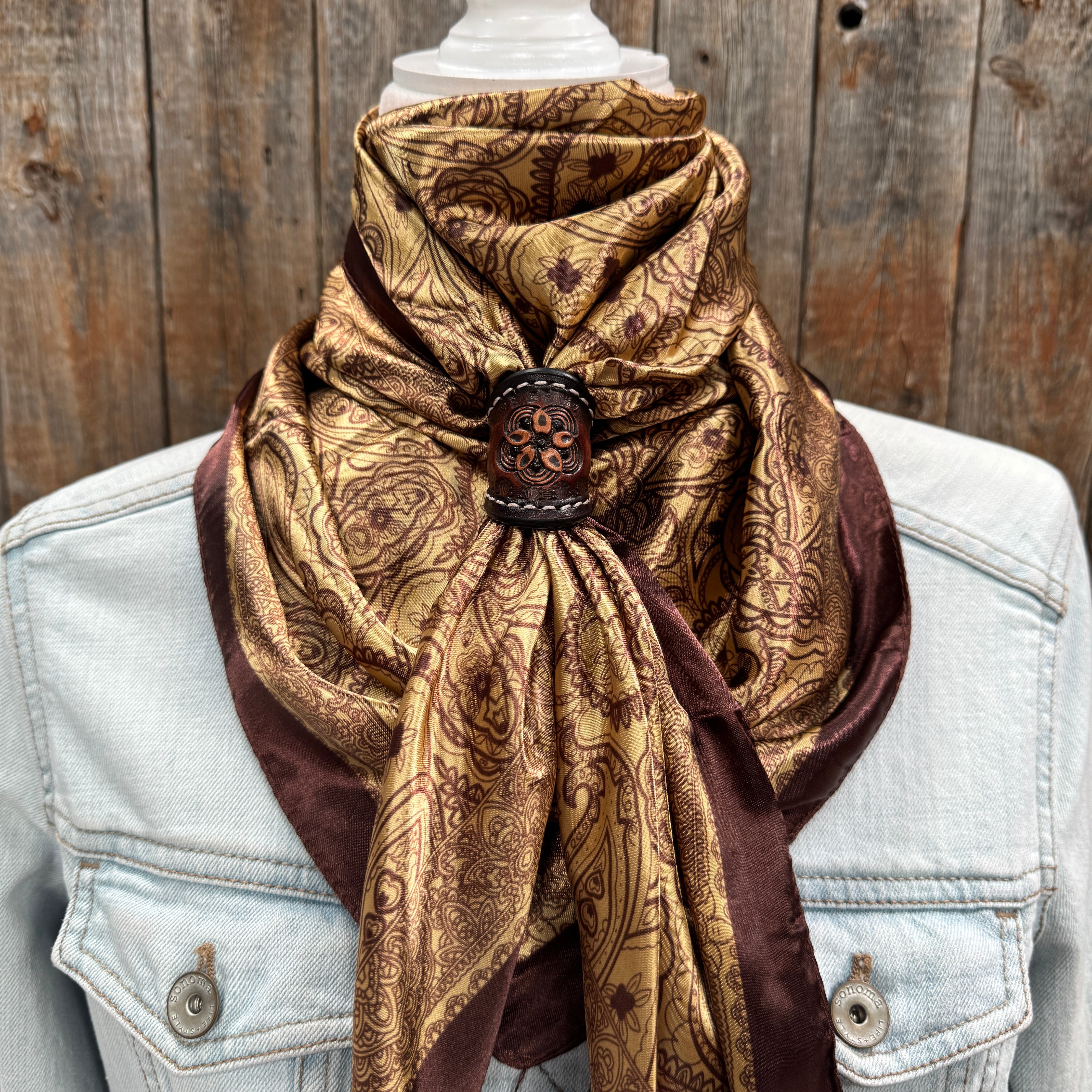 35X35" Earth Tones Paisley Wild Rag / Scarf WR3402 - Tooled Leather Wild Rag Slides - Assorted