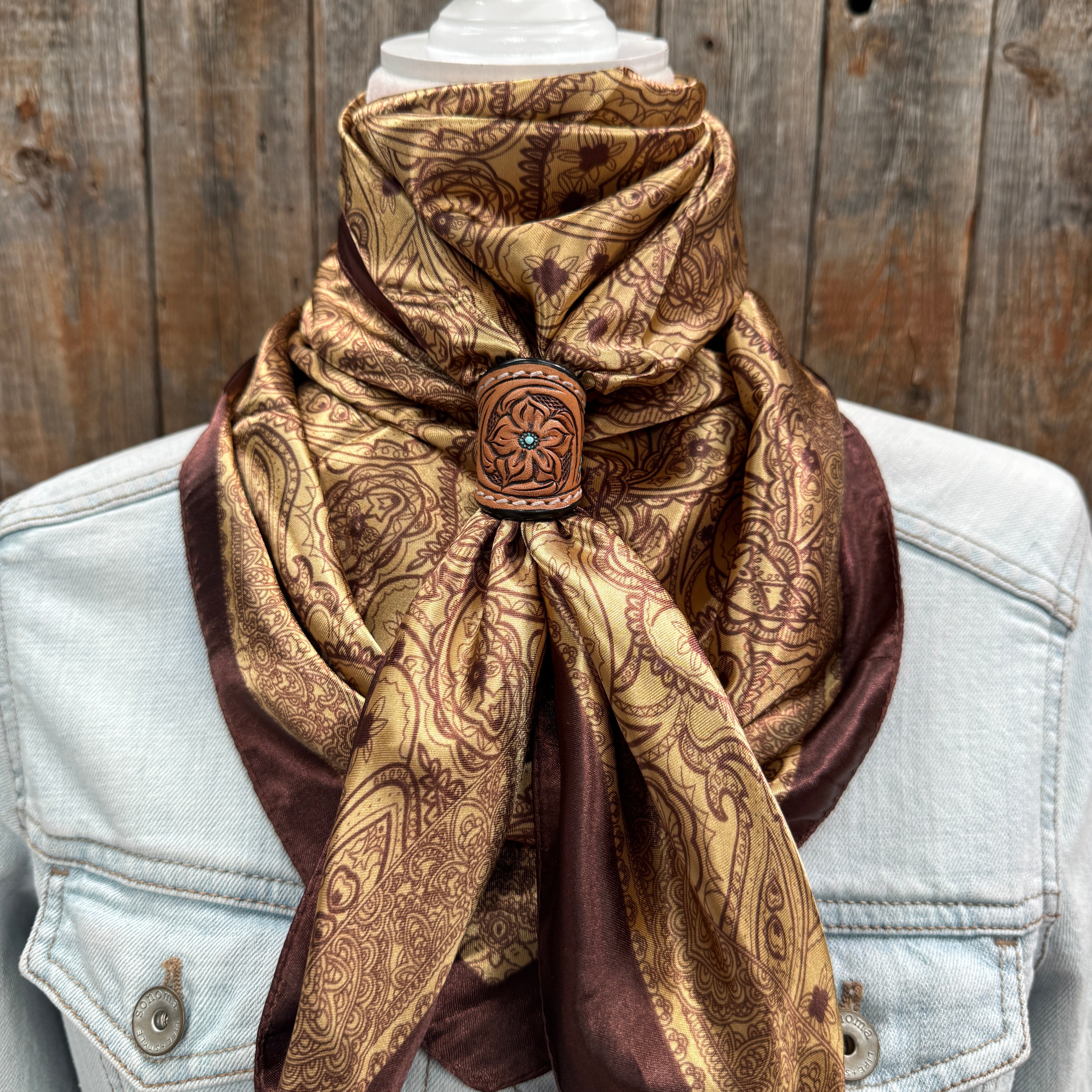 35X35" Earth Tones Paisley Wild Rag / Scarf WR3402 - Tooled Leather Wild Rag Slides - Assorted