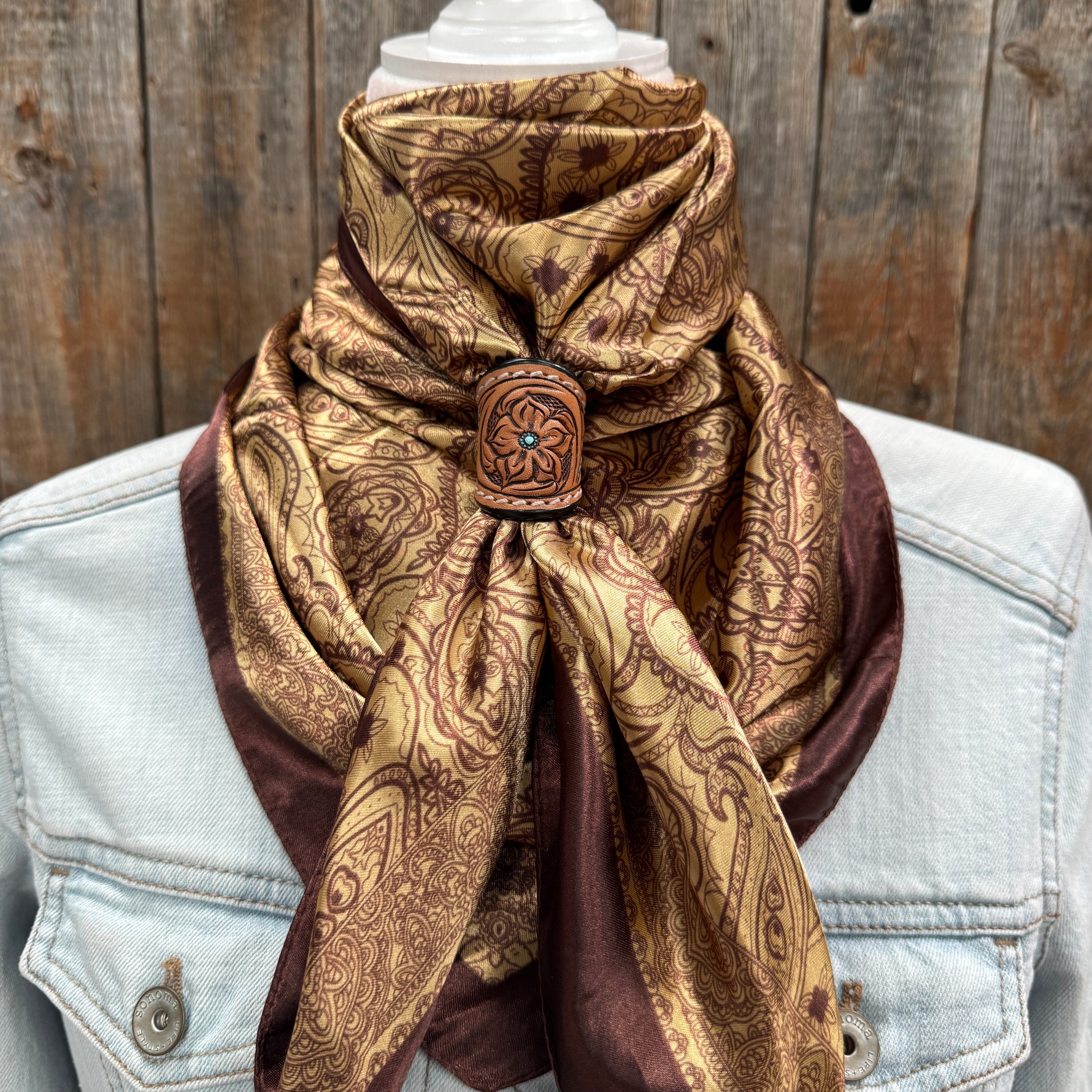 35X35" Earth Tones Paisley Wild Rag / Scarf WR3402 - Tooled Leather Wild Rag Slides - Assorted