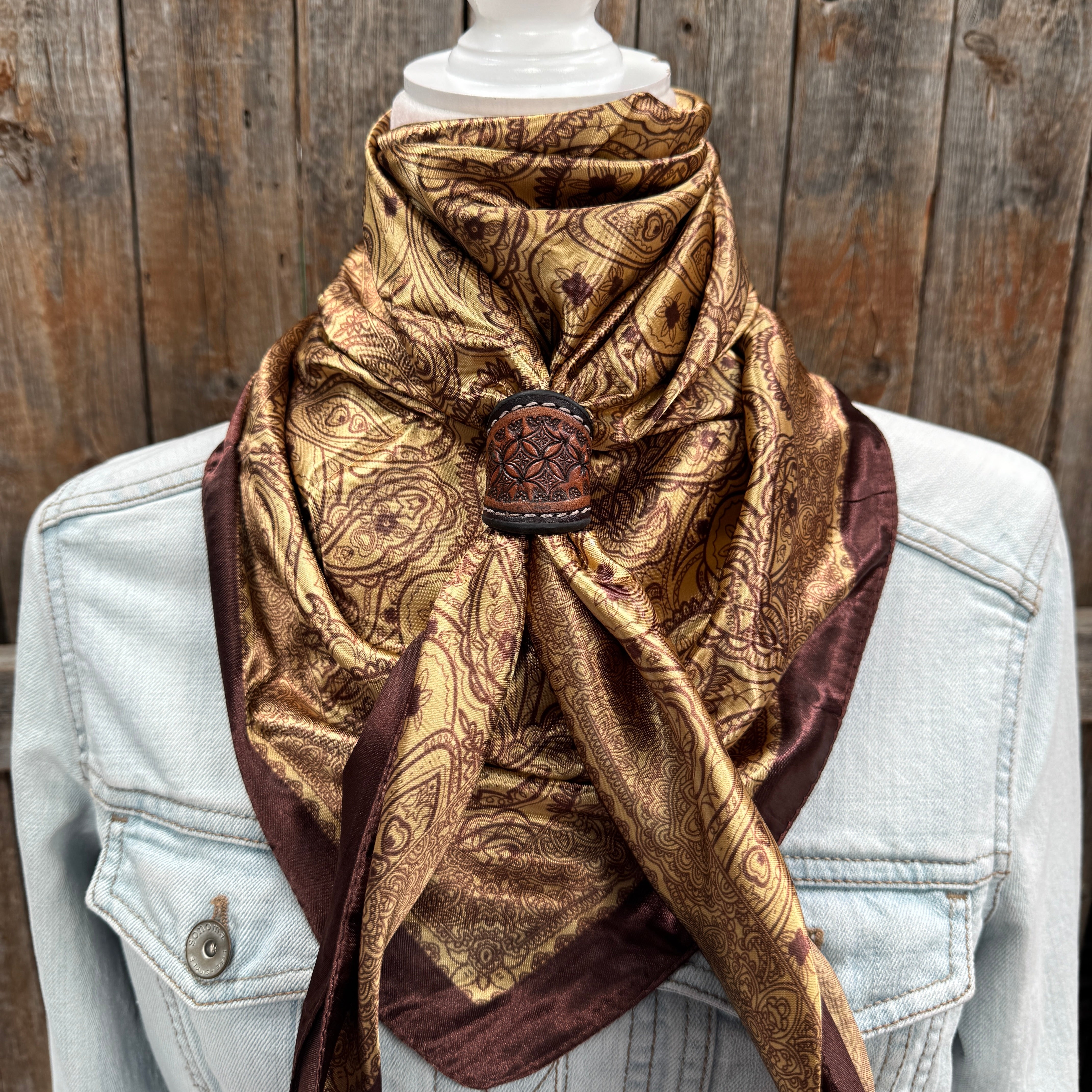 35X35" Earth Tones Paisley Wild Rag / Scarf WR3402 - Tooled Leather Wild Rag Slides - Assorted