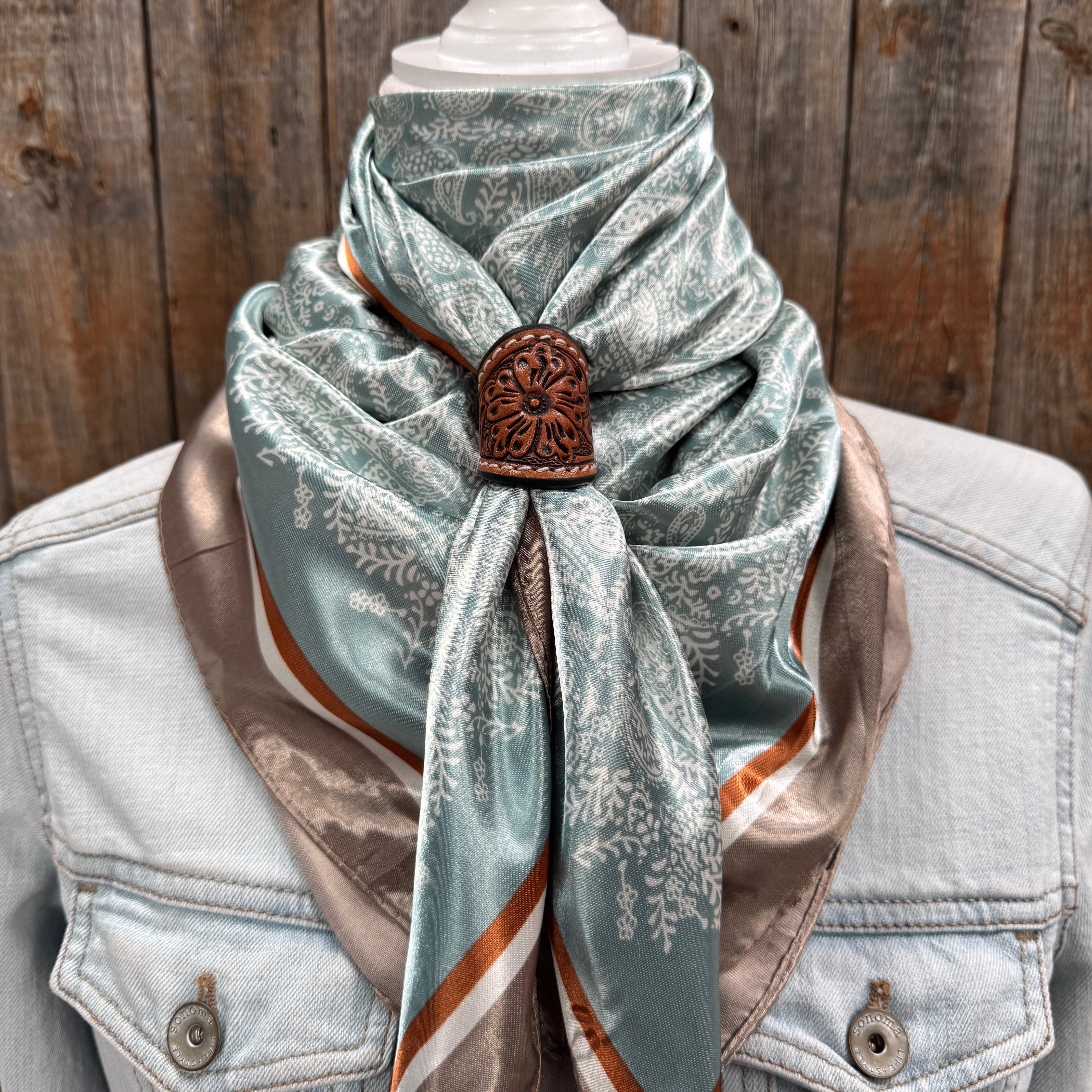 35X35" Seafoam & Cream Paisley Wild Rag / Scarf WR3410 - Tooled Leather Wild Rag Slides - Assorted