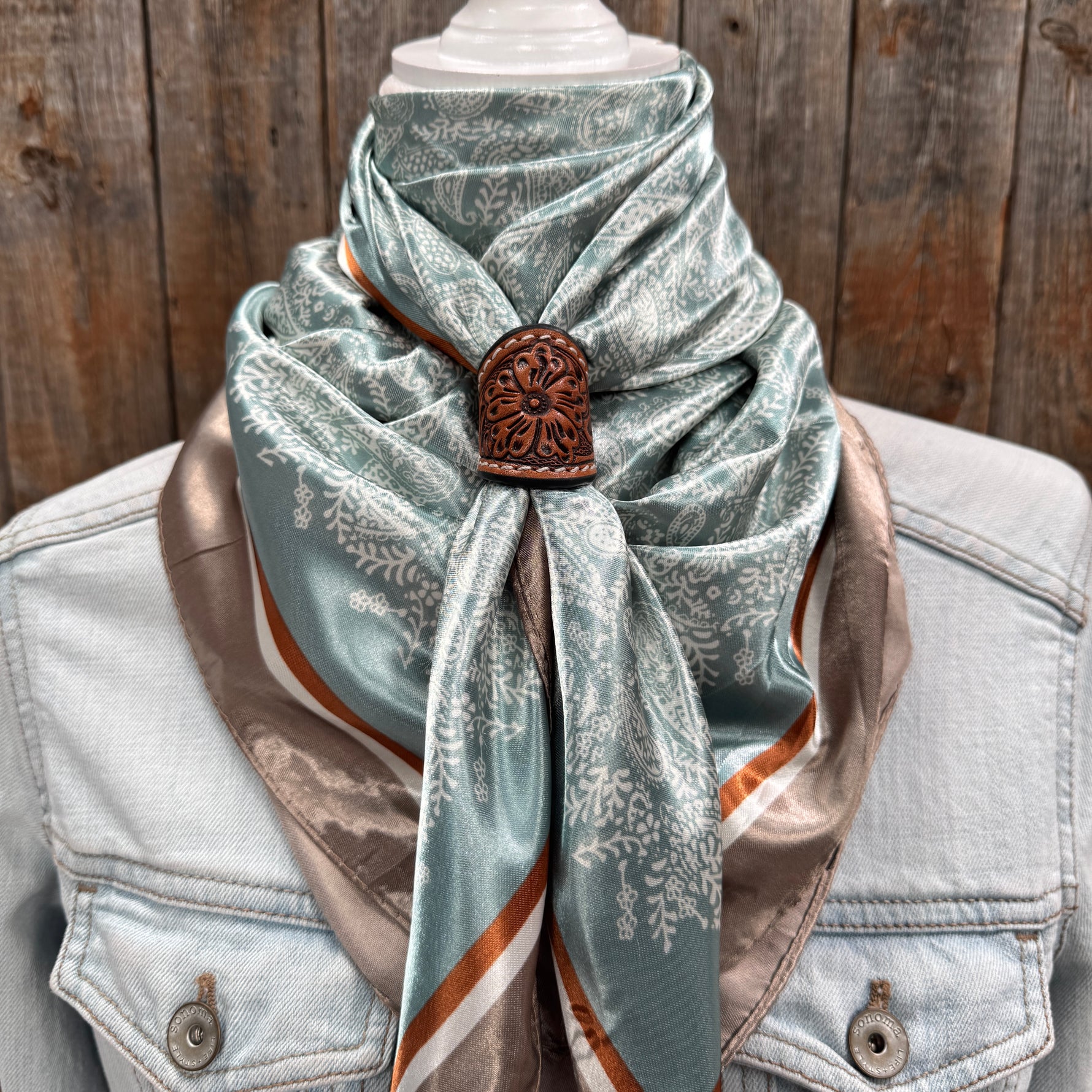35X35" Turquoise & Cream Paisley Wild Rag / Scarf WR3410 - Tooled Leather Wild Rag Slides - Assorted
