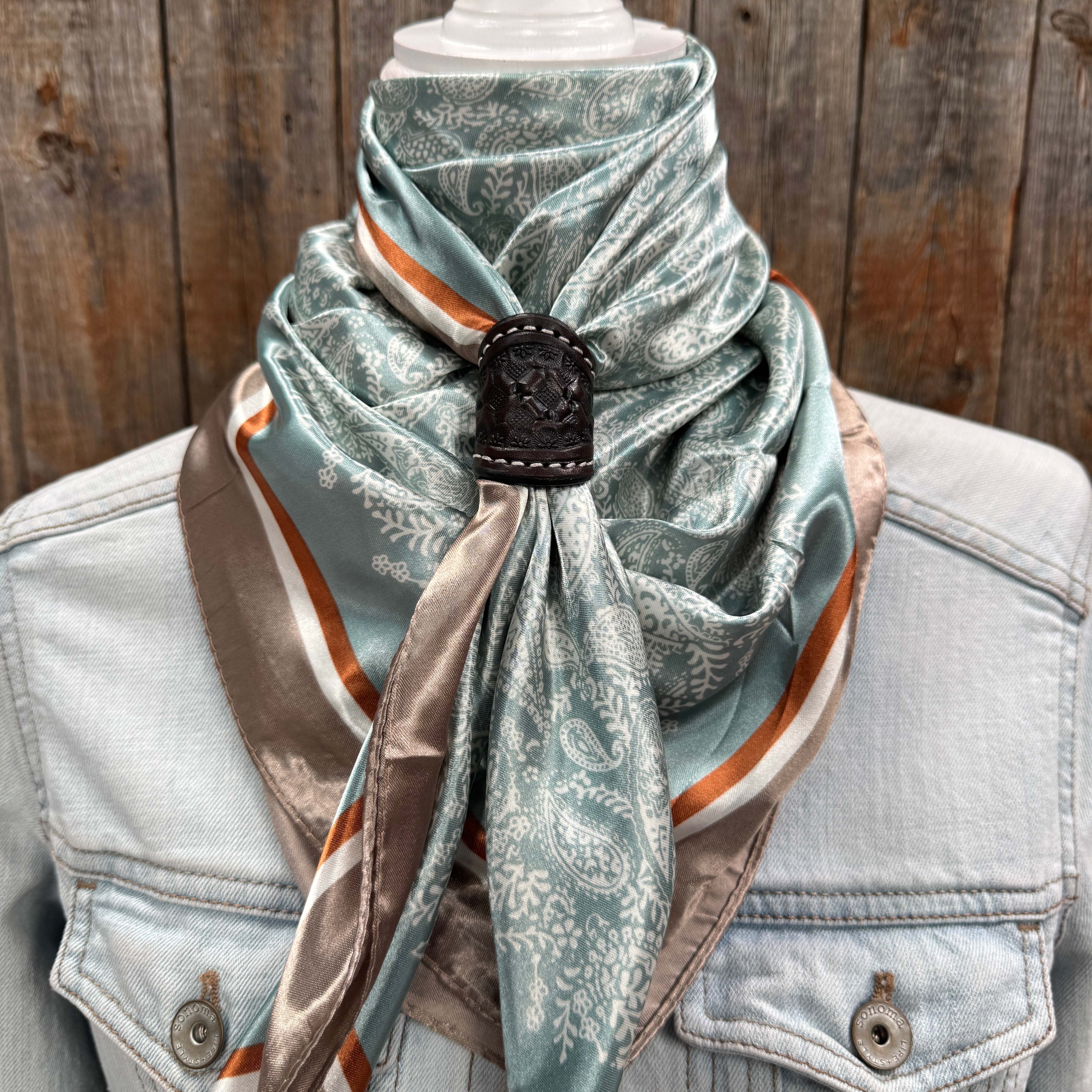 35X35" Seafoam & Cream Paisley Wild Rag / Scarf WR3410 - Tooled Leather Wild Rag Slides - Assorted