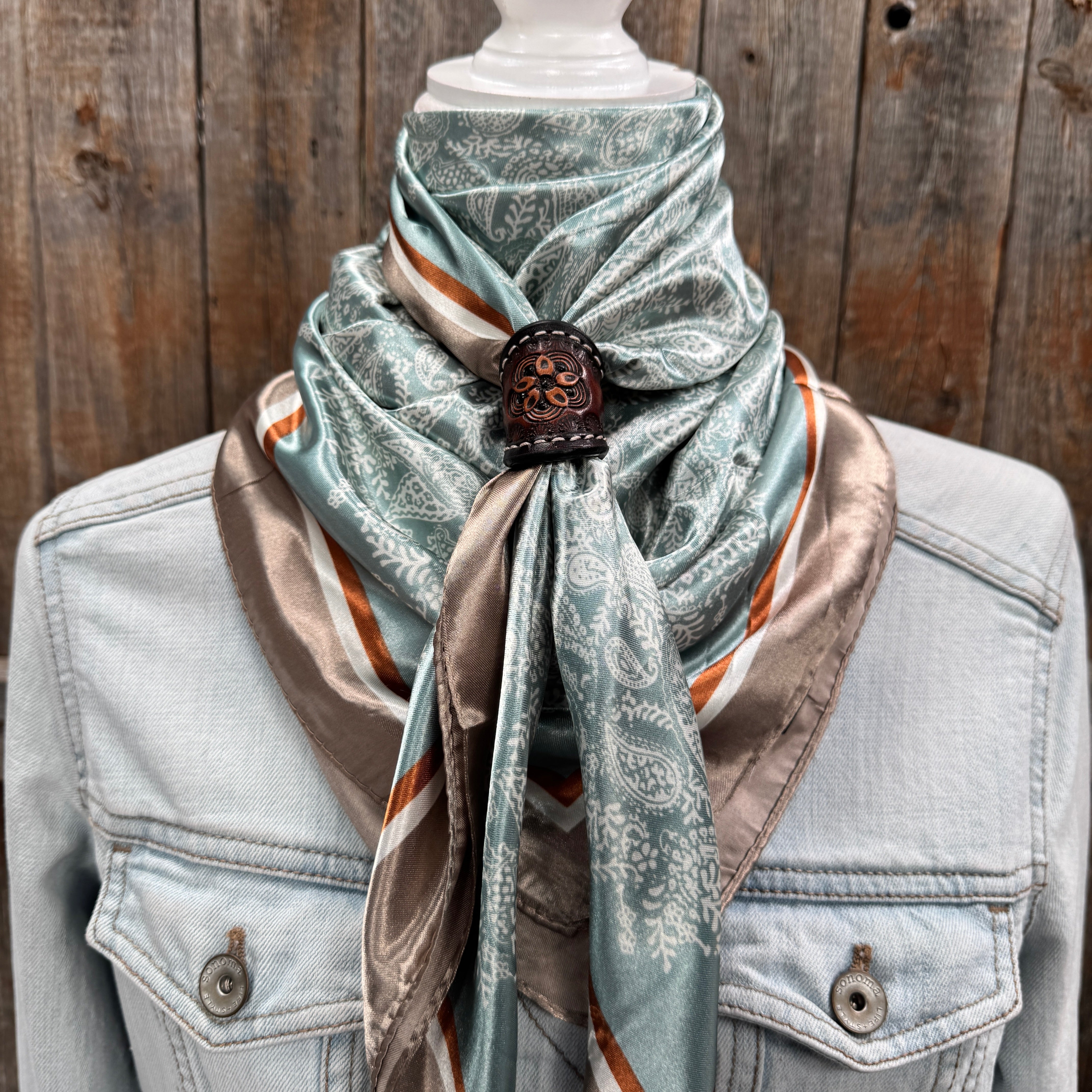 35X35" Seafoam & Cream Paisley Wild Rag / Scarf WR3410 - Tooled Leather Wild Rag Slides - Assorted