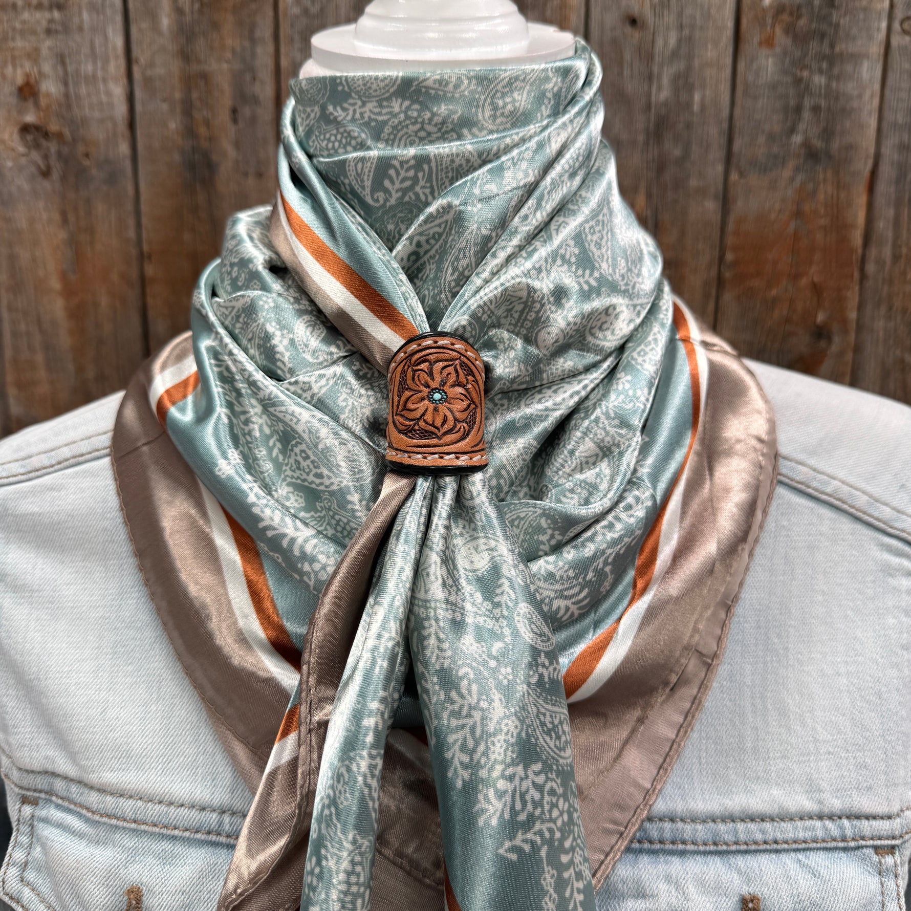 35X35" Turquoise & Cream Paisley Wild Rag / Scarf WR3410 - Tooled Leather Wild Rag Slides - Assorted