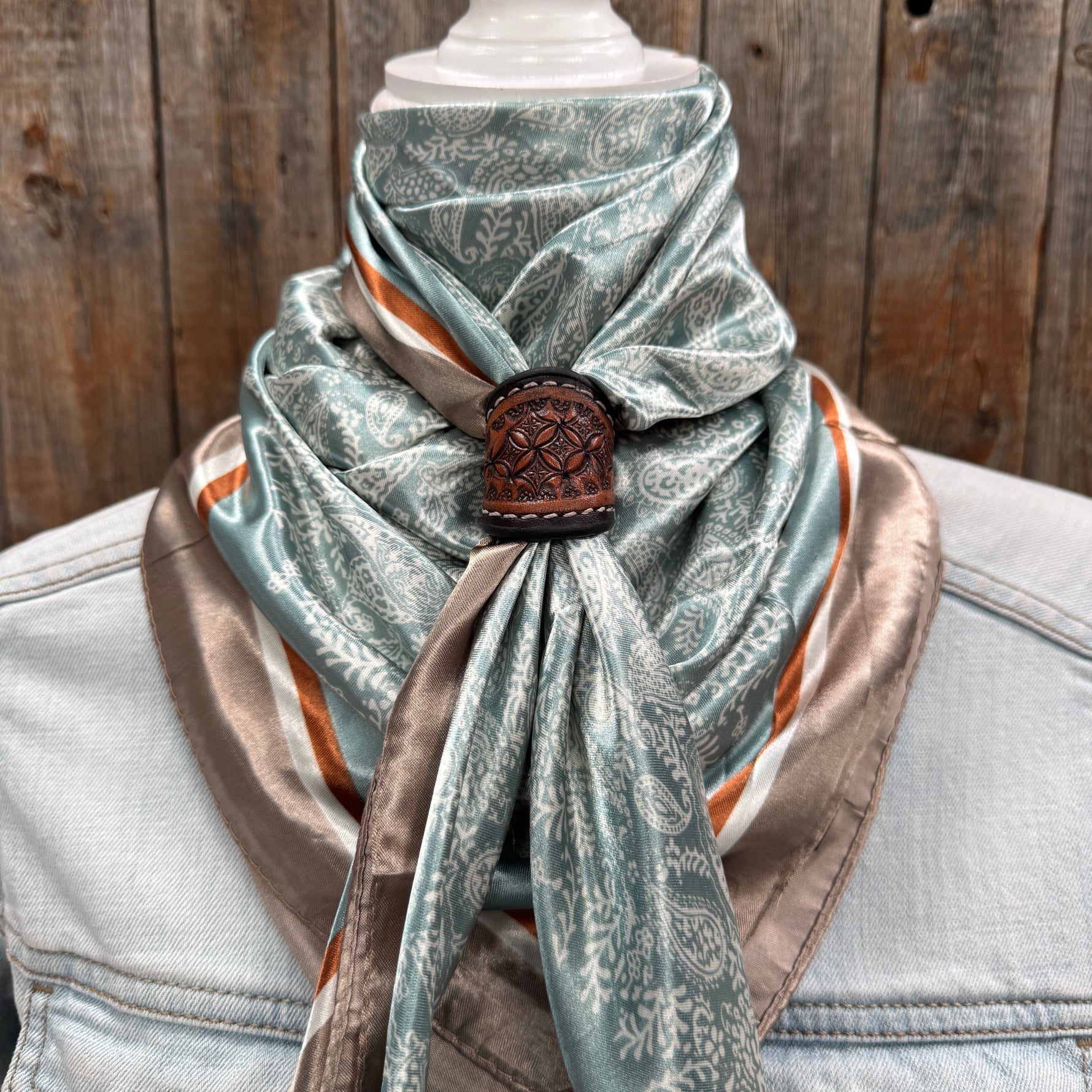 35X35" Turquoise & Cream Paisley Wild Rag / Scarf WR3410 - Tooled Leather Wild Rag Slides - Assorted