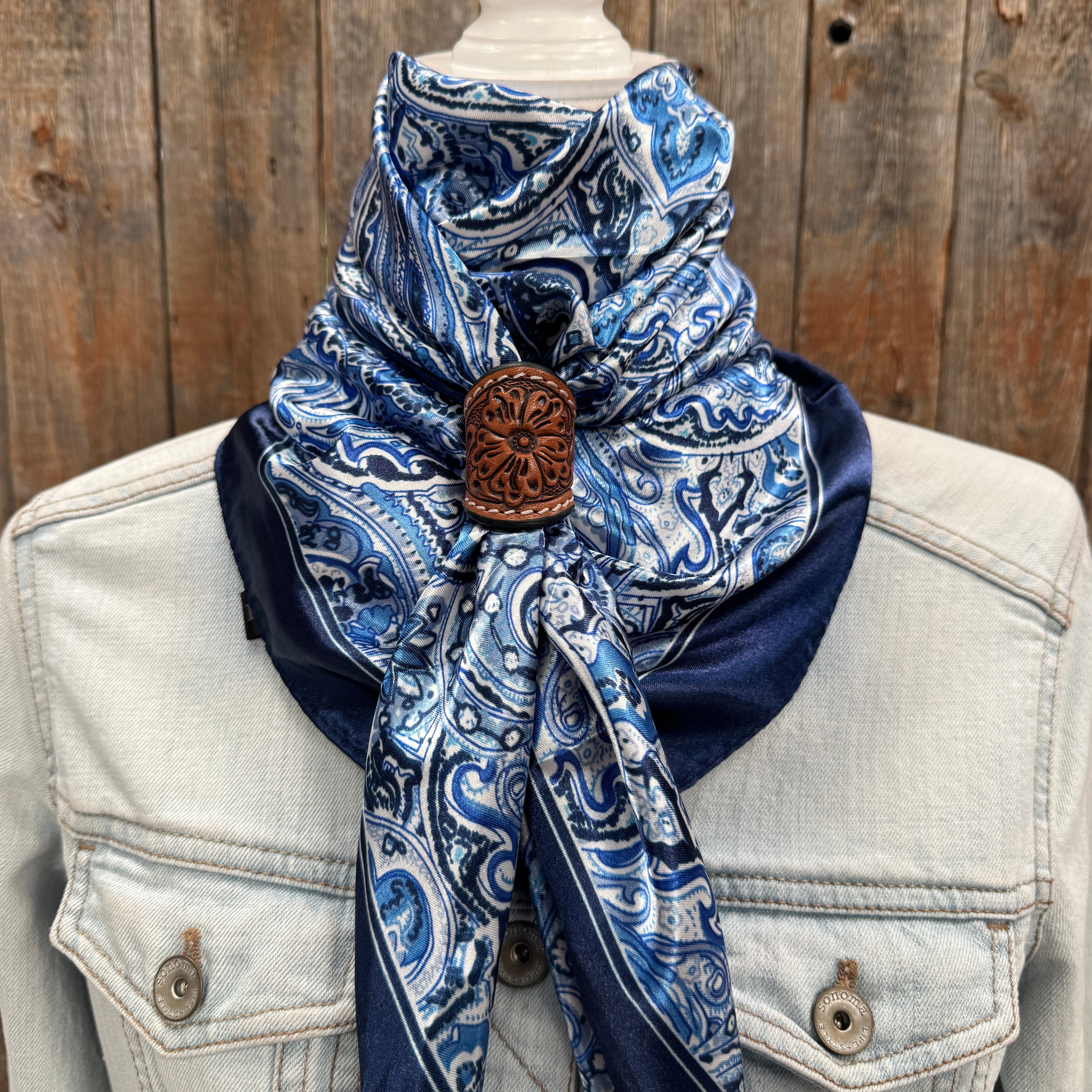 35X35" Blue & White Paisley Wild Rag / Scarf WR3418 - Tooled Leather Wild Rag Slides - Assorted