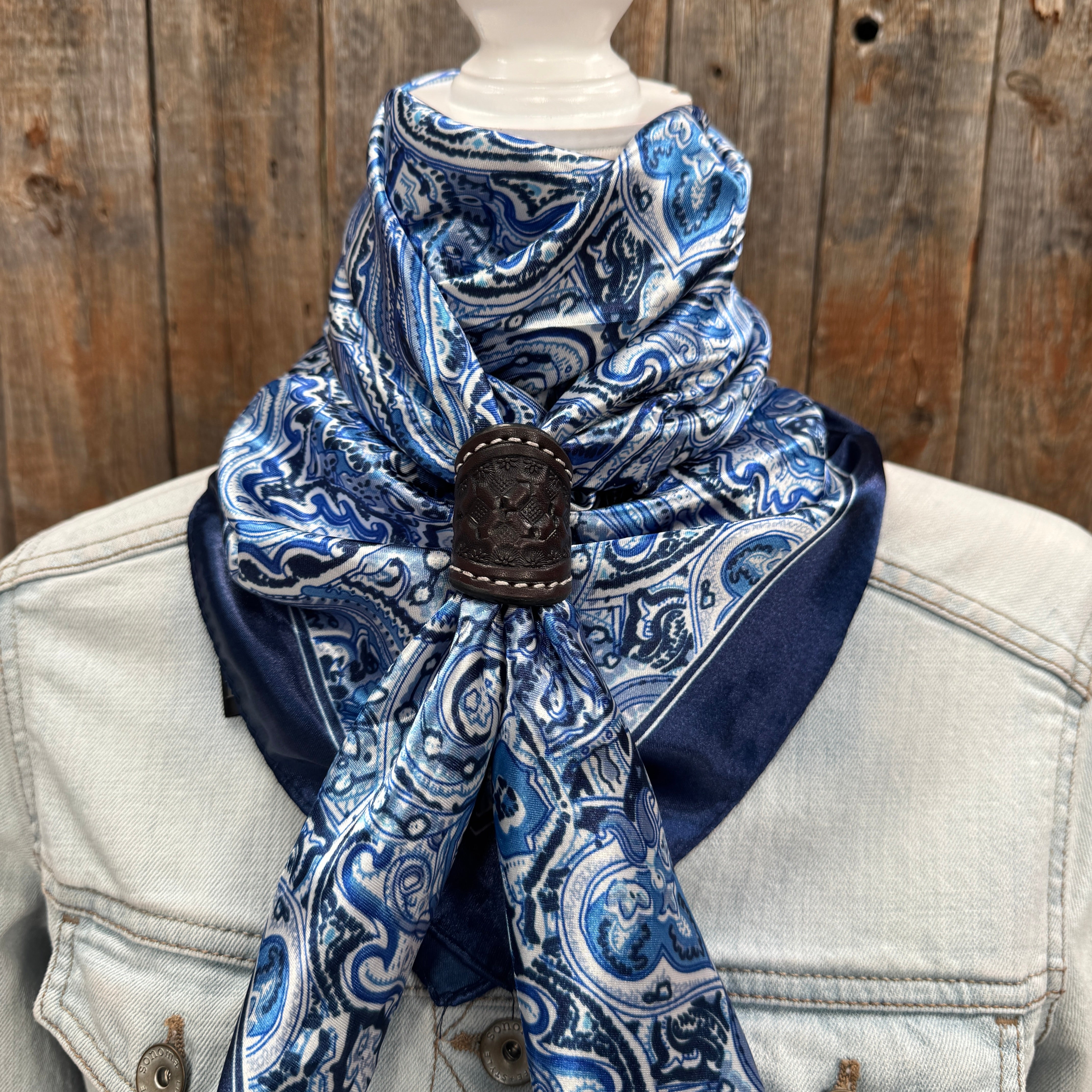 35X35" Blue & White Paisley Wild Rag / Scarf WR3418 - Tooled Leather Wild Rag Slides - Assorted